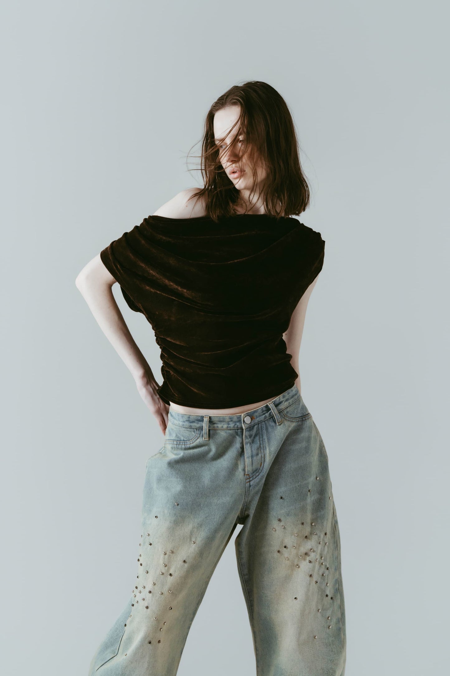 sheer velour top/brown