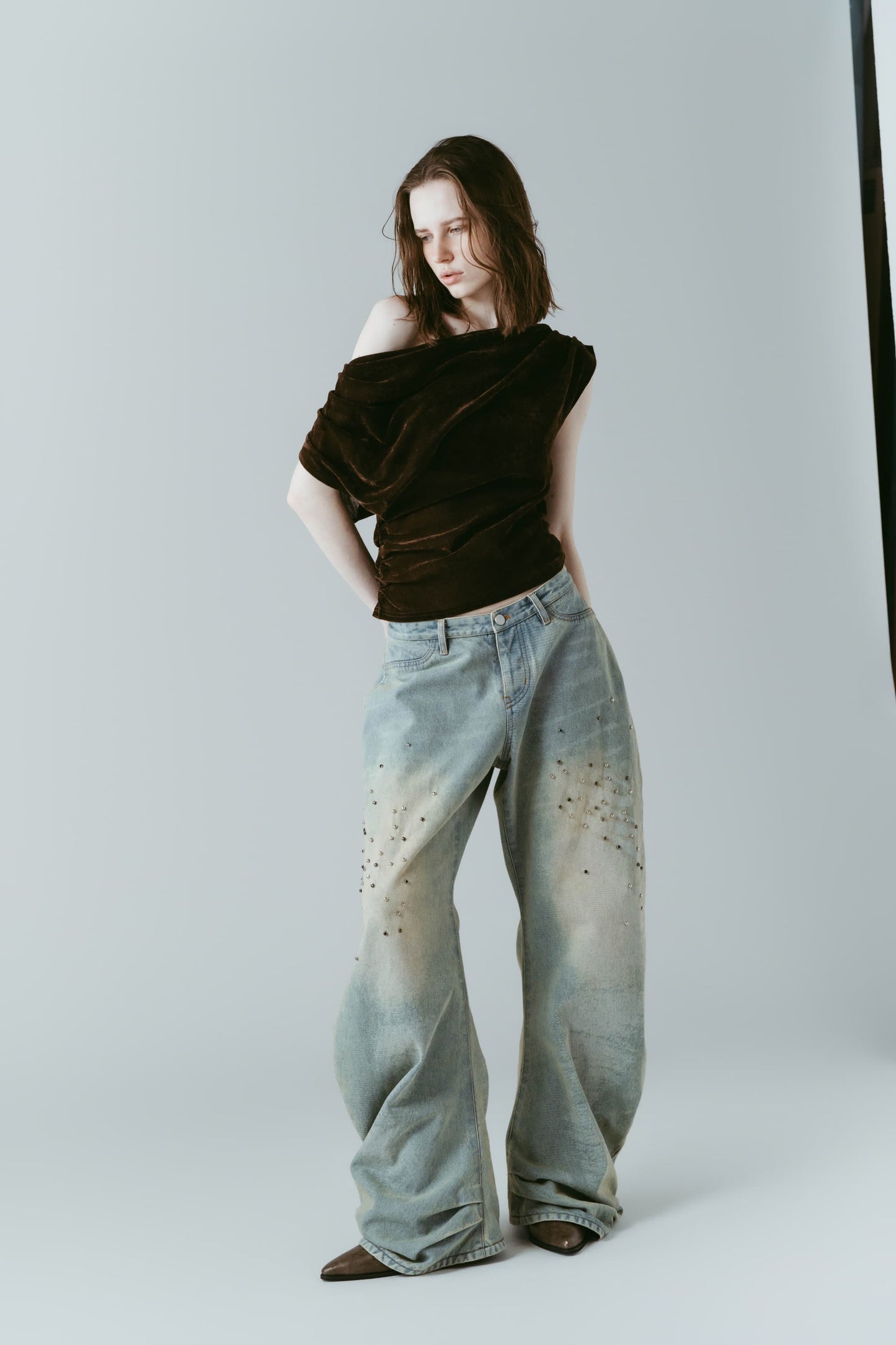 studded draped denim pants(unisex)/blue(studded)