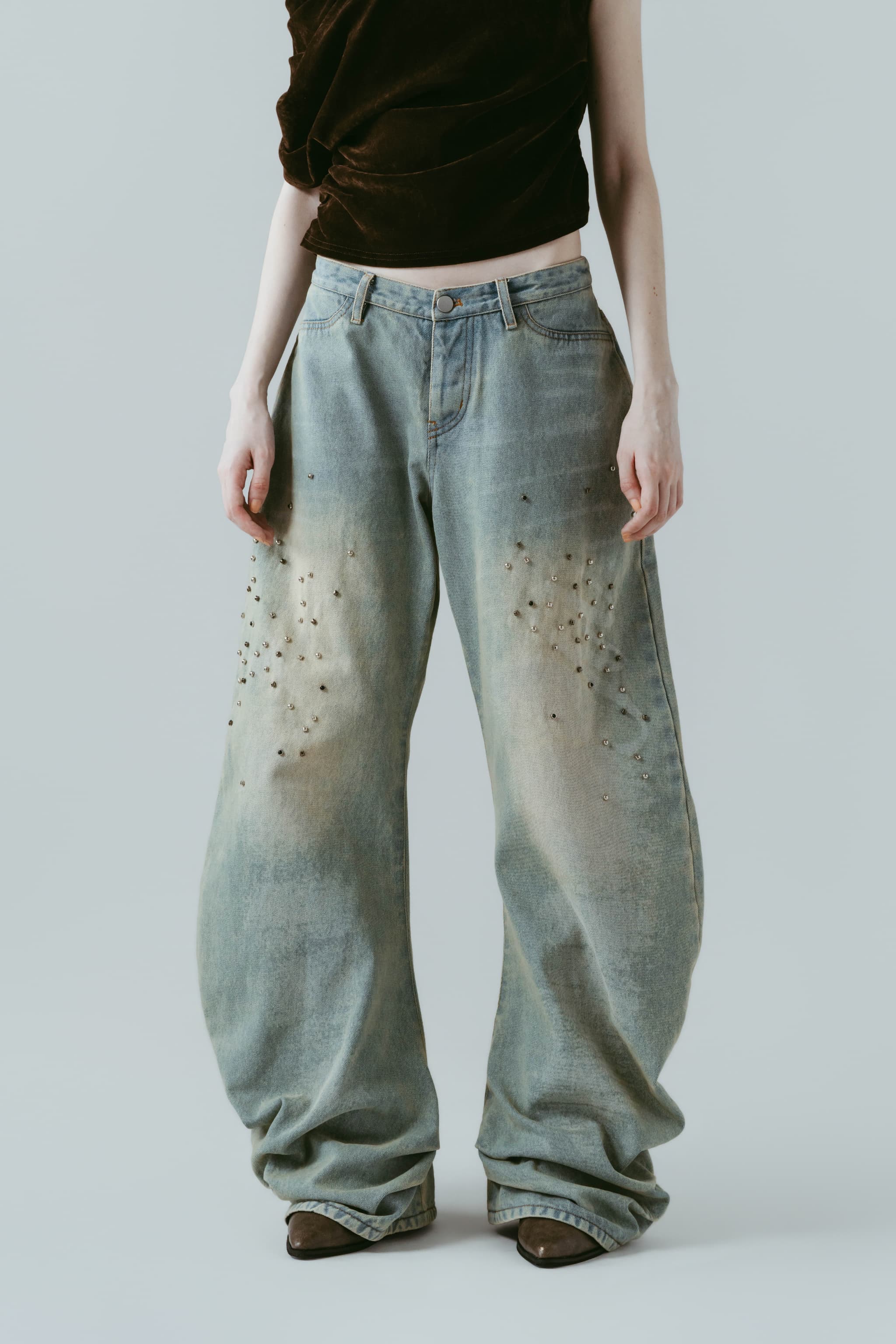 studded draped denim pants(unisex)/blue(studded)
