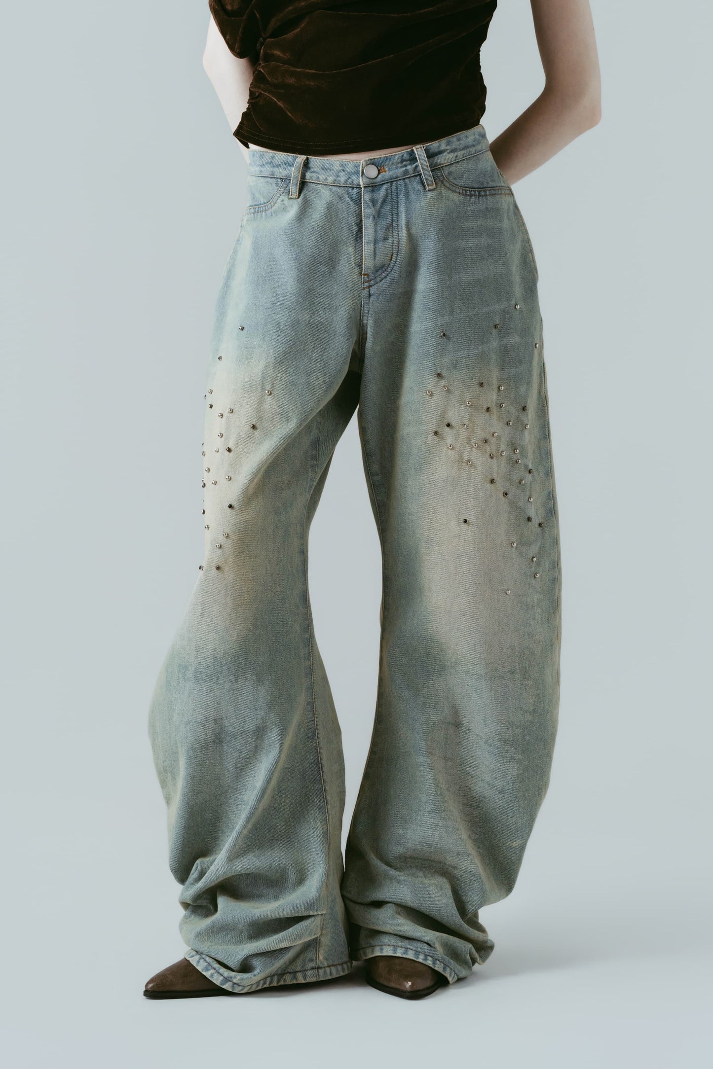 studded draped denim pants(unisex)/blue(studded)