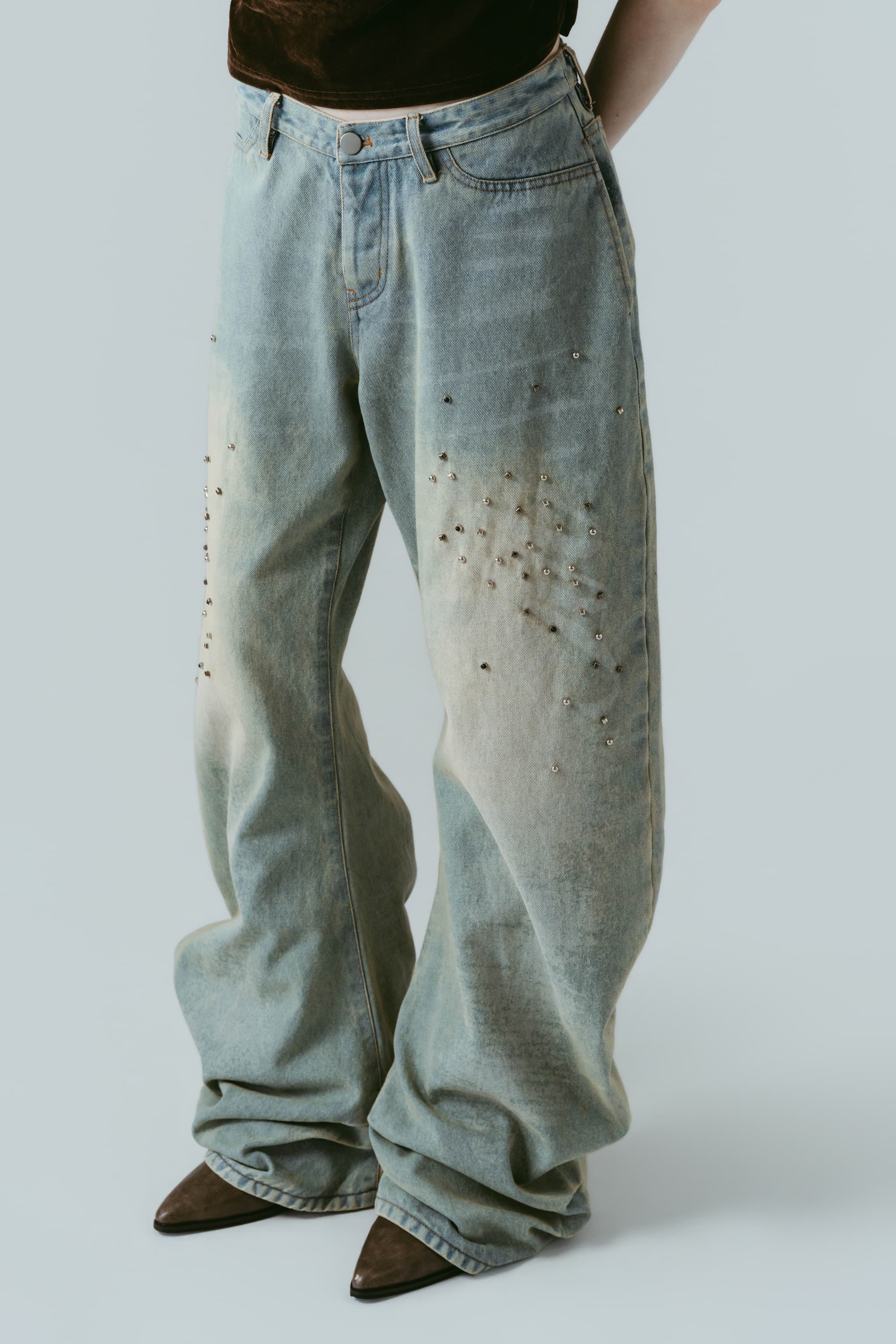 studded draped denim pants(unisex)/blue(Shipping 8/10~) | KNUTH MARF