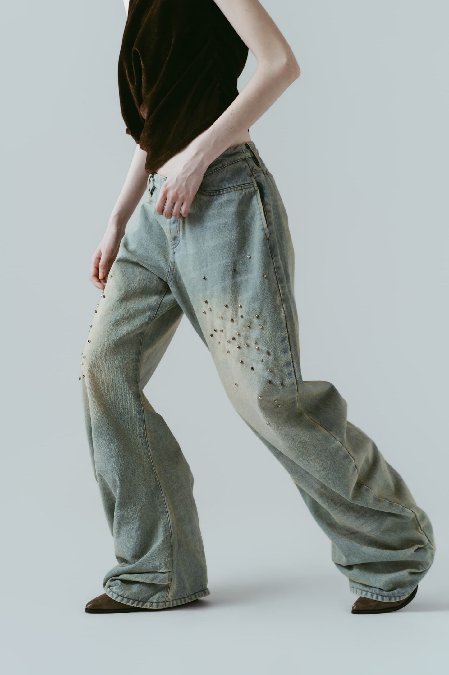 studded draped denim pants(unisex)/blue(studded)