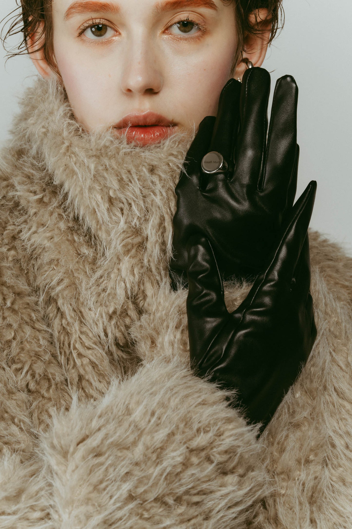 ringed leather gloves/black