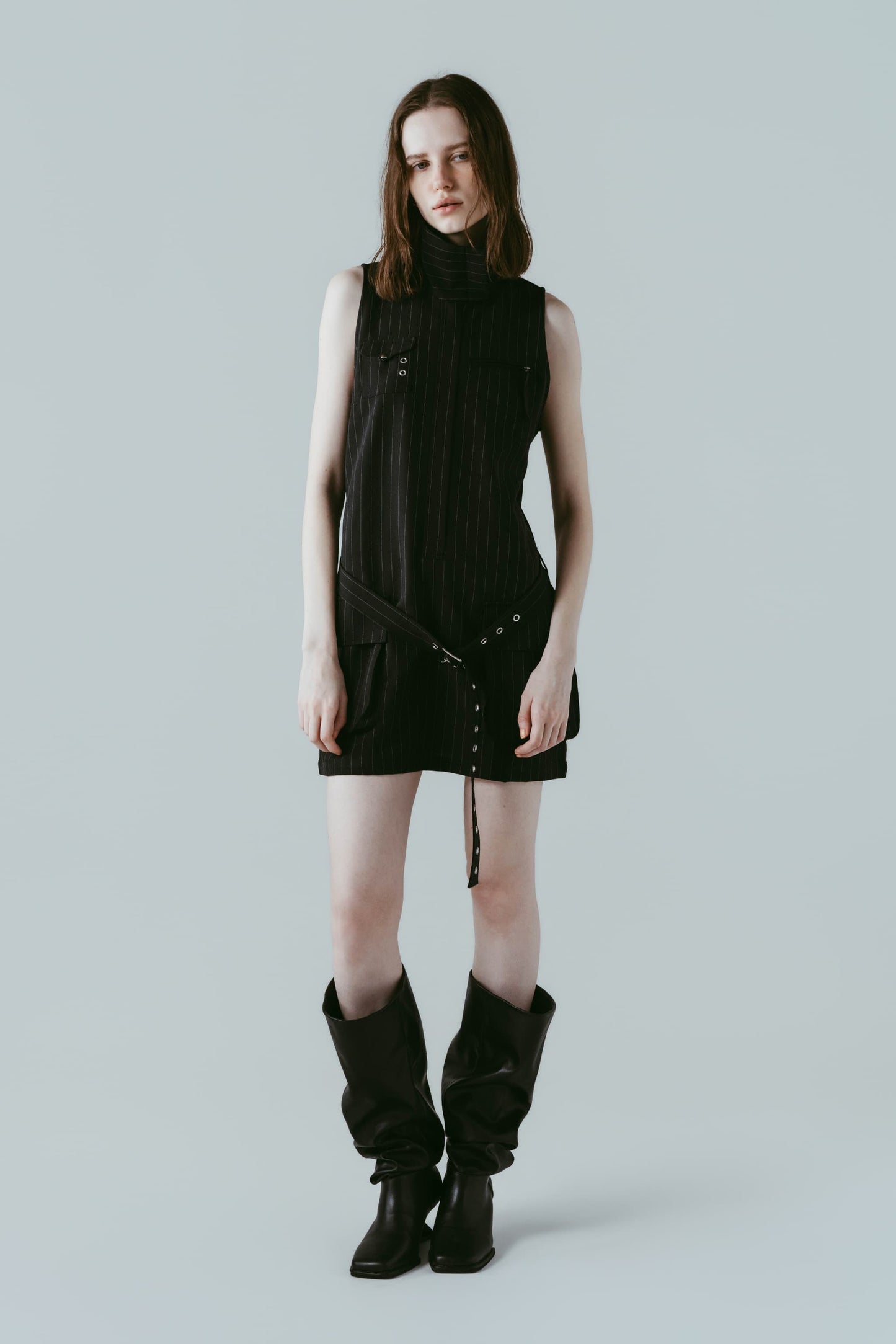 stand neck mini dress/stripeblack