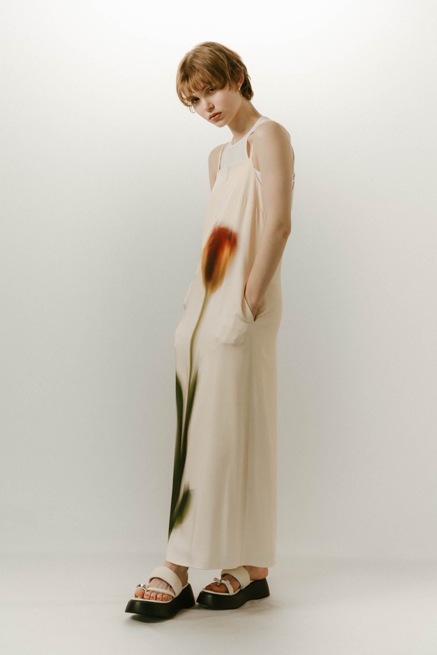 flower print satin dress/yellow