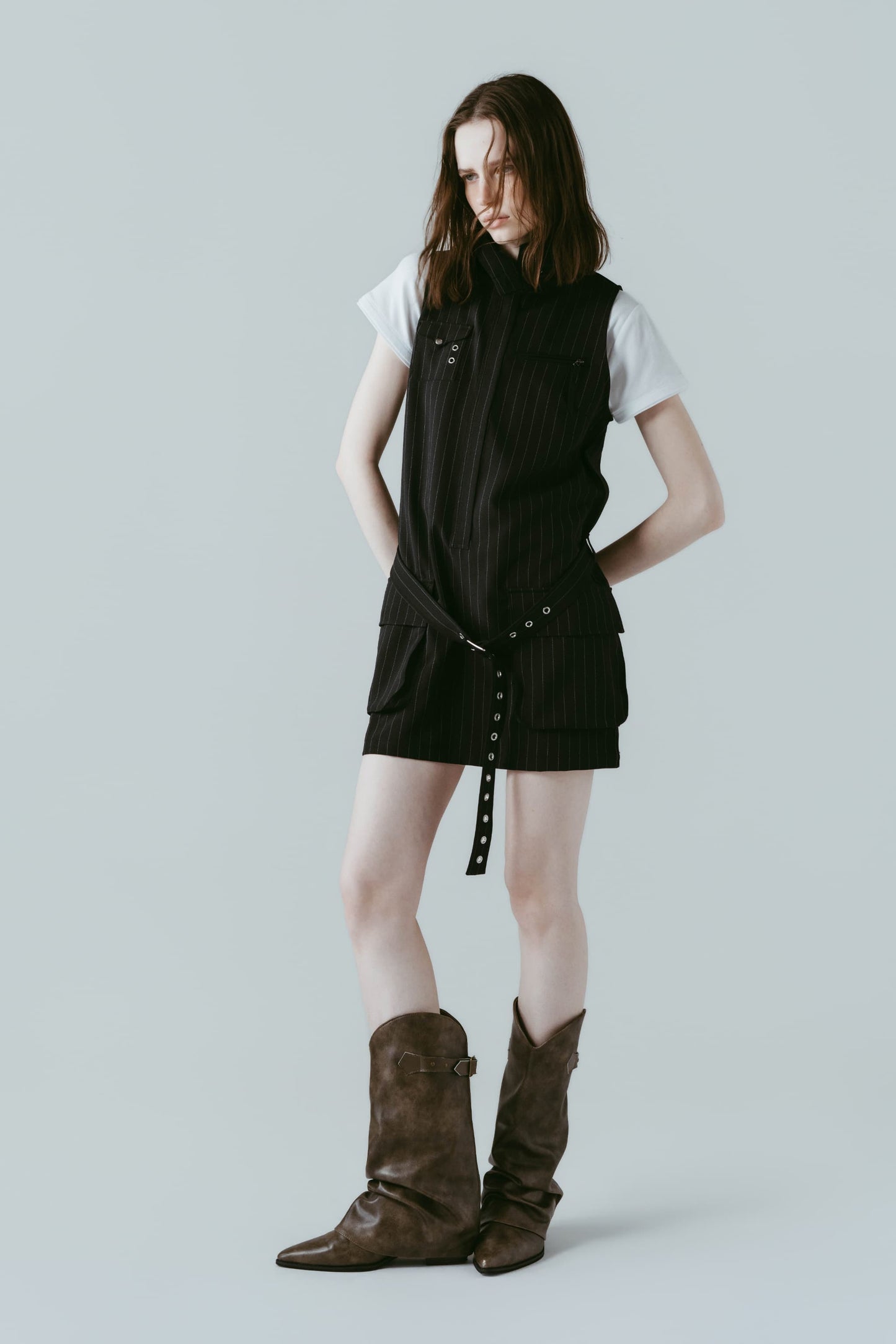 stand neck mini dress/stripeblack