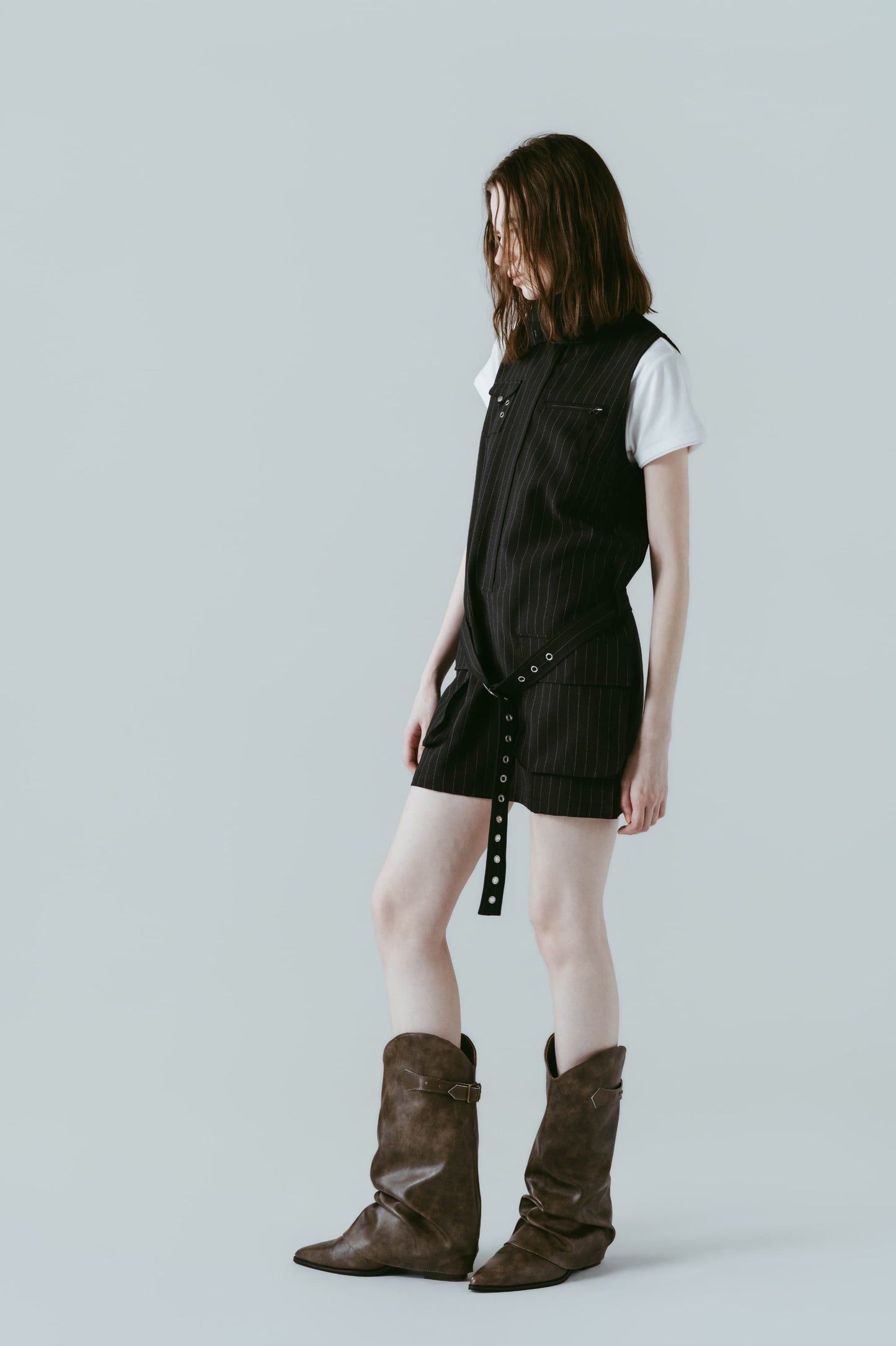 stand neck mini dress/stripeblack