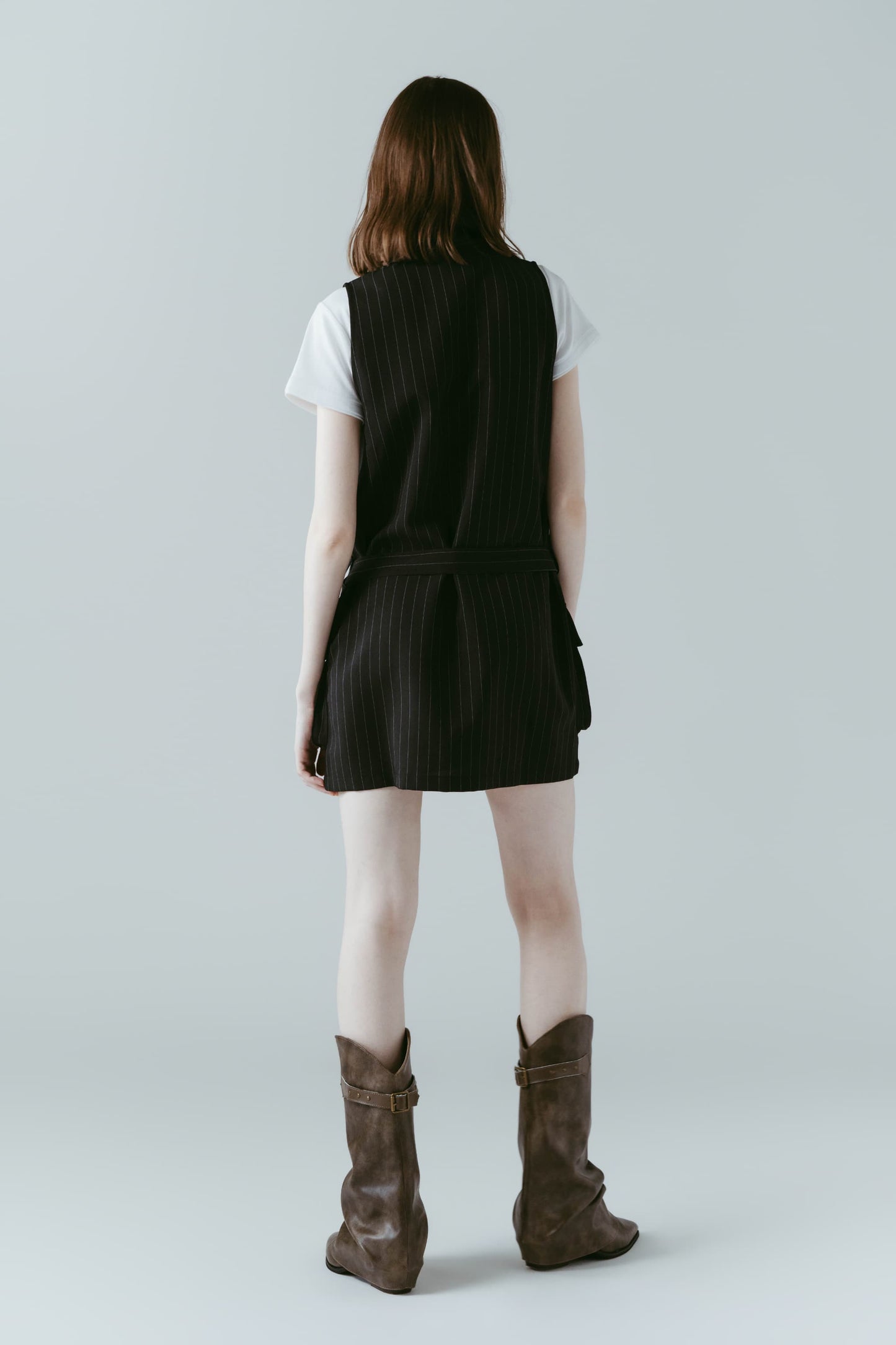 stand neck mini dress/stripeblack