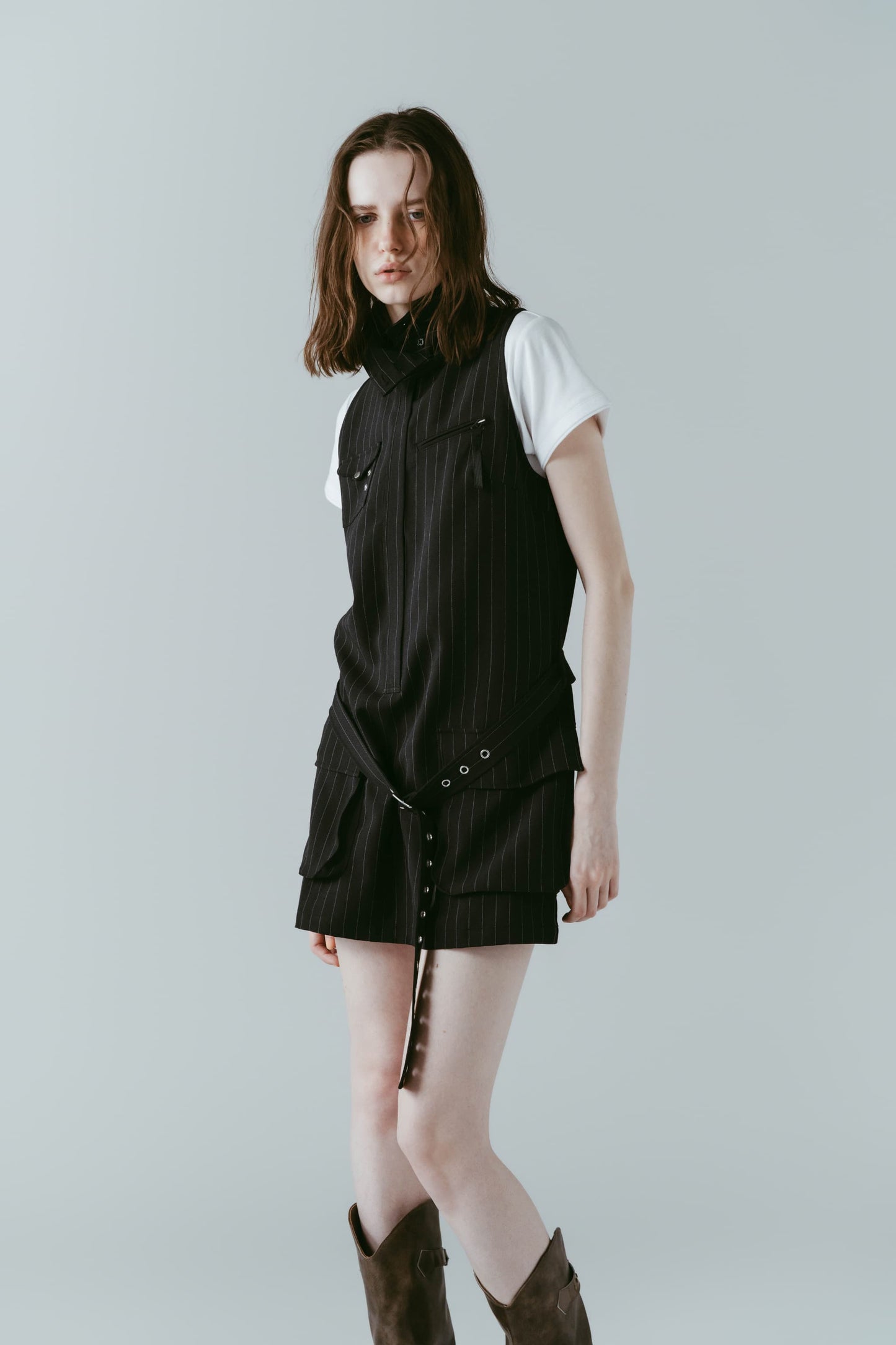 stand neck mini dress/stripeblack