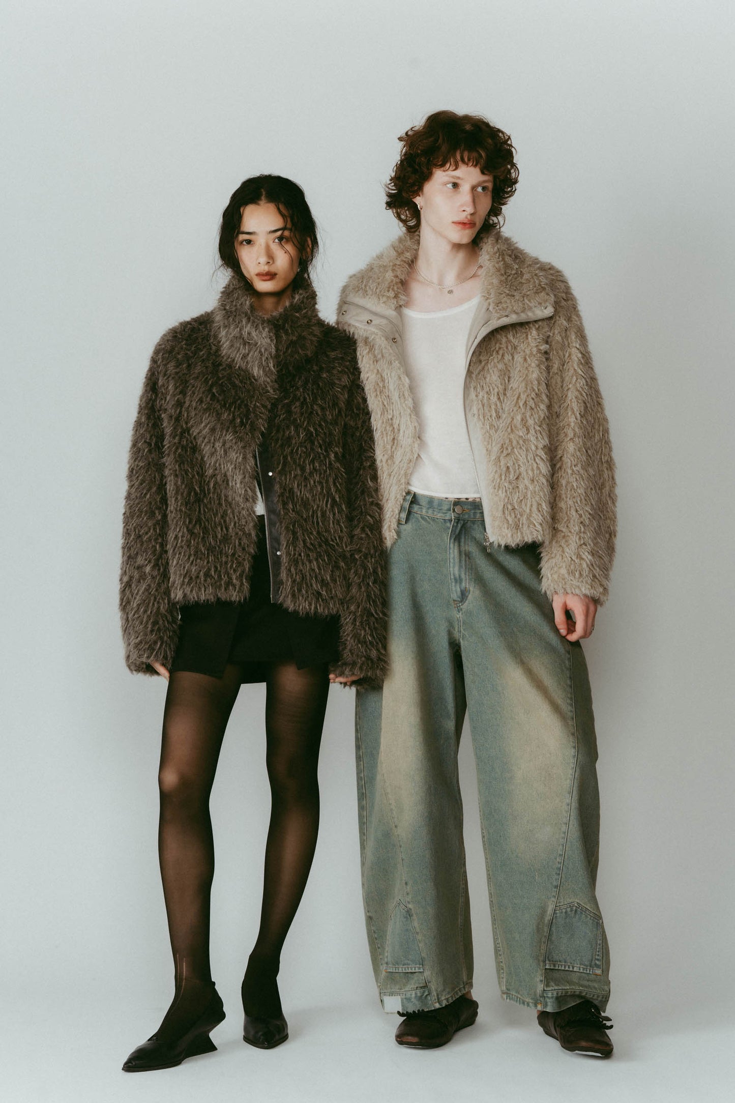 shaggy stand collar coat/ivory