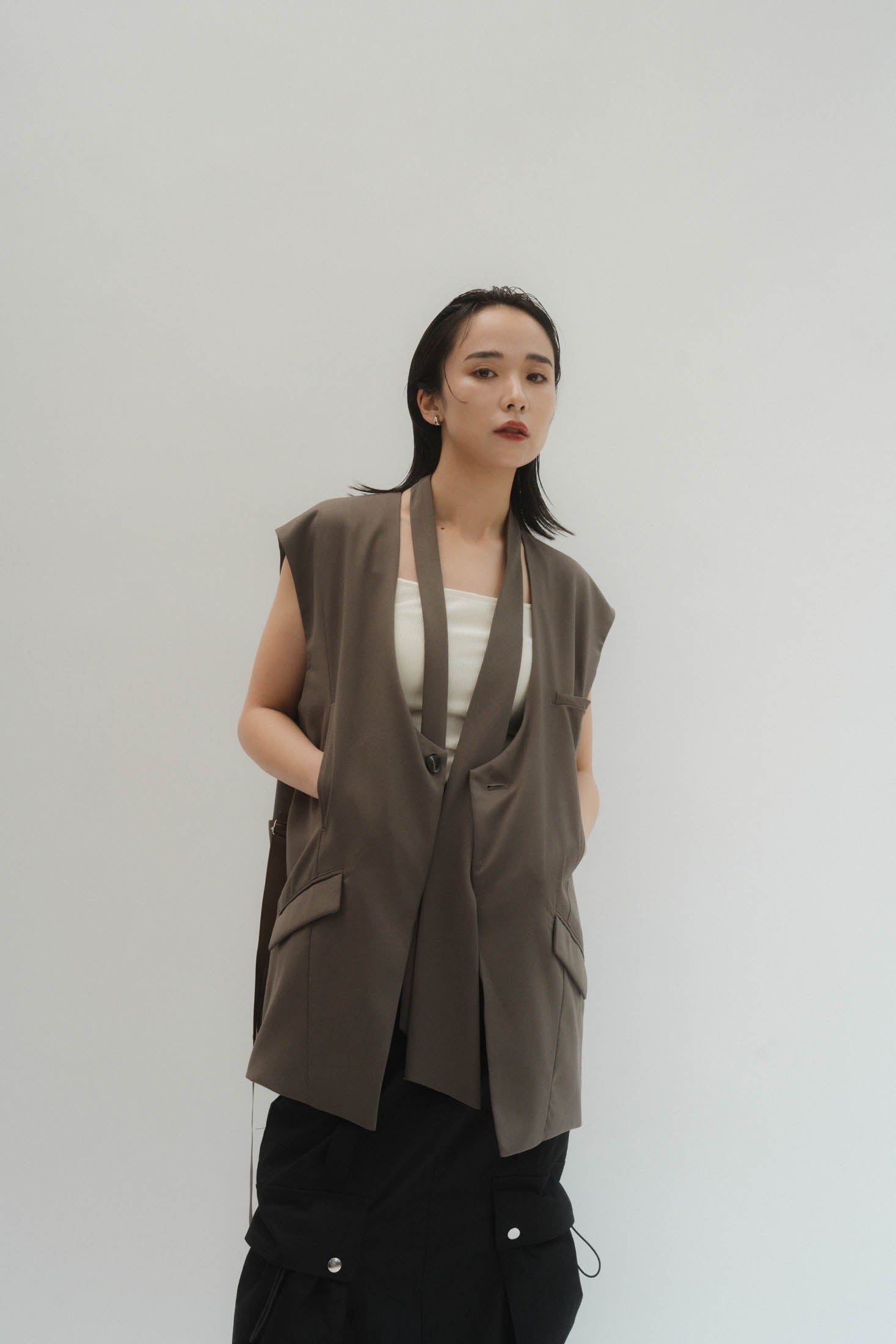 【knuth marf】2way collarless gilet/stripe 2way collarless gilet(unisex)/greige | KNUTH MARF