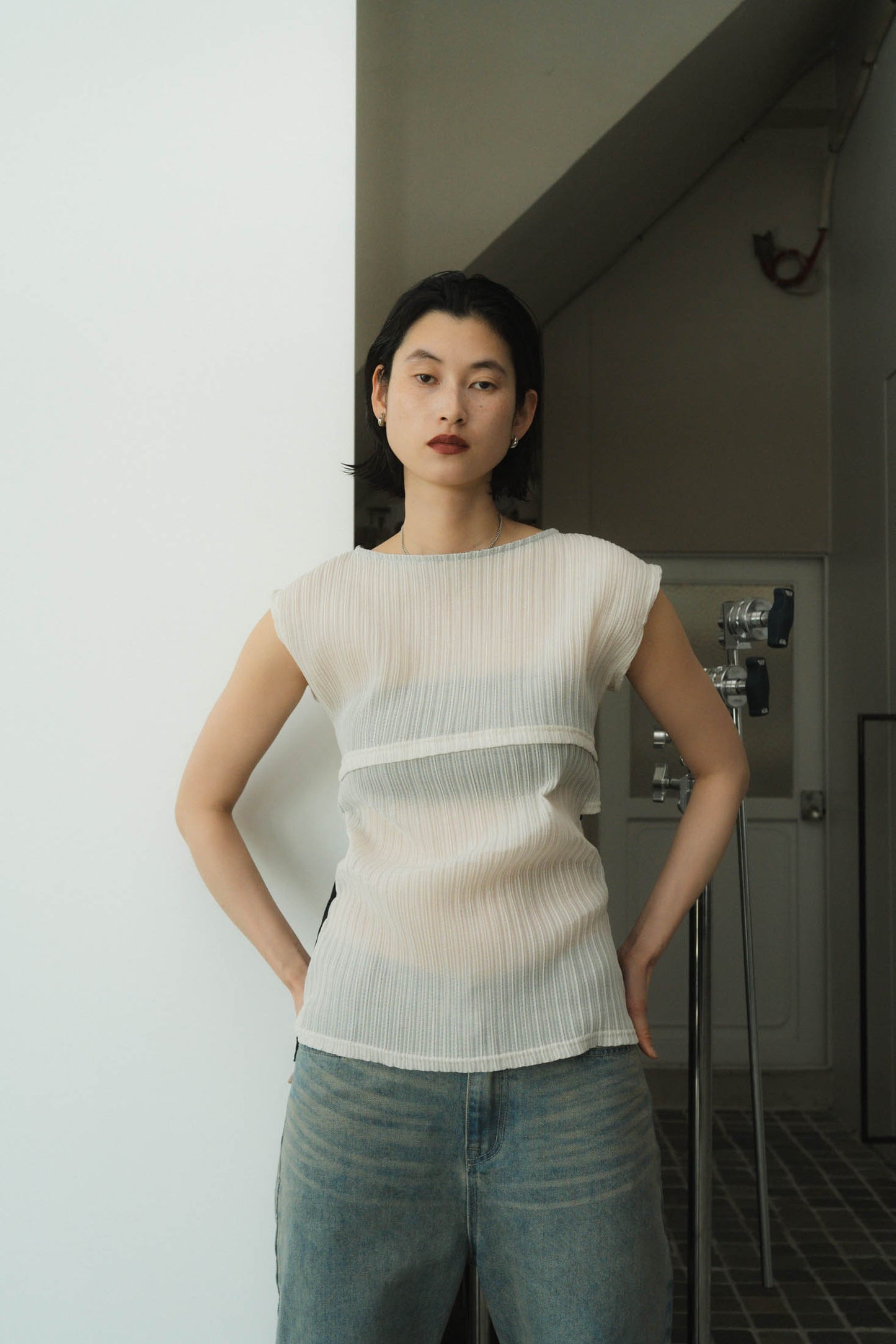 french sleeve ribbed tops/2color