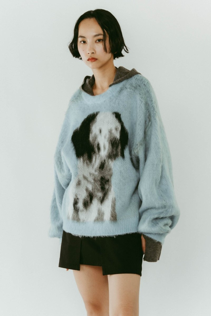 クヌースマーフ　オーバーサイズニット　ダルメシアン dalmatian shaggy knit(unisex)/blue | KNUTH MARF