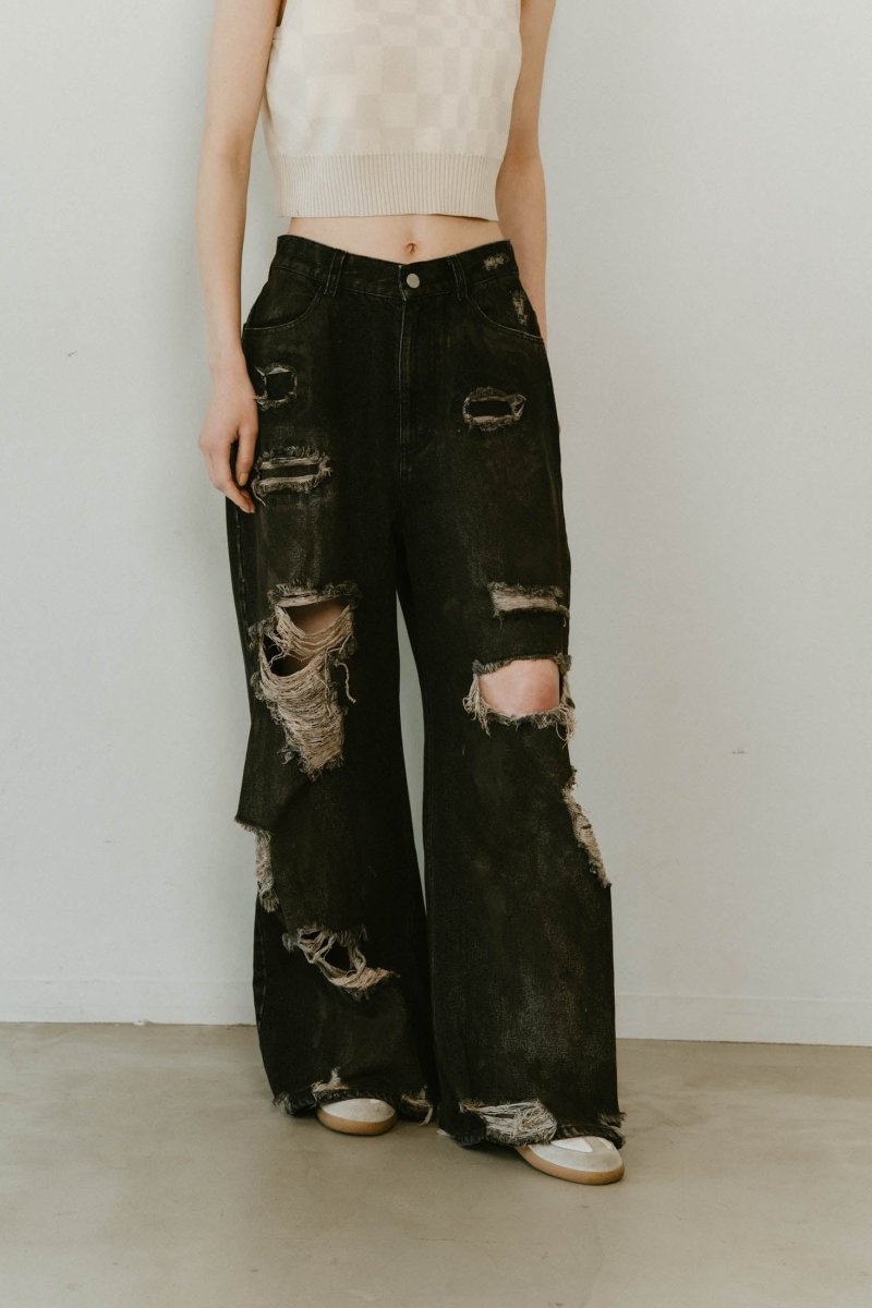 damage denim pants/blackwhite - KNUTH MARF