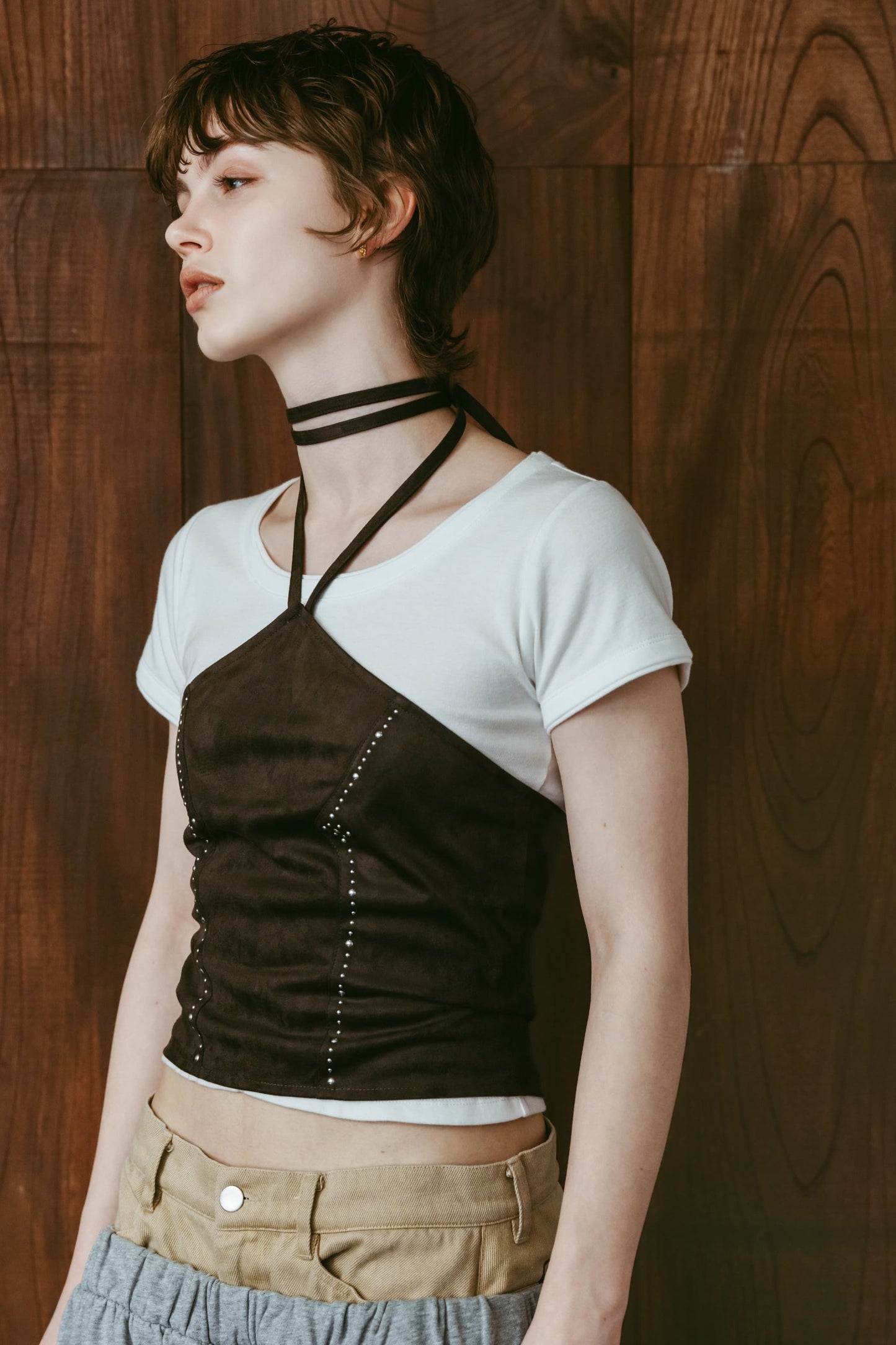 suede bustier top/darkbrown
