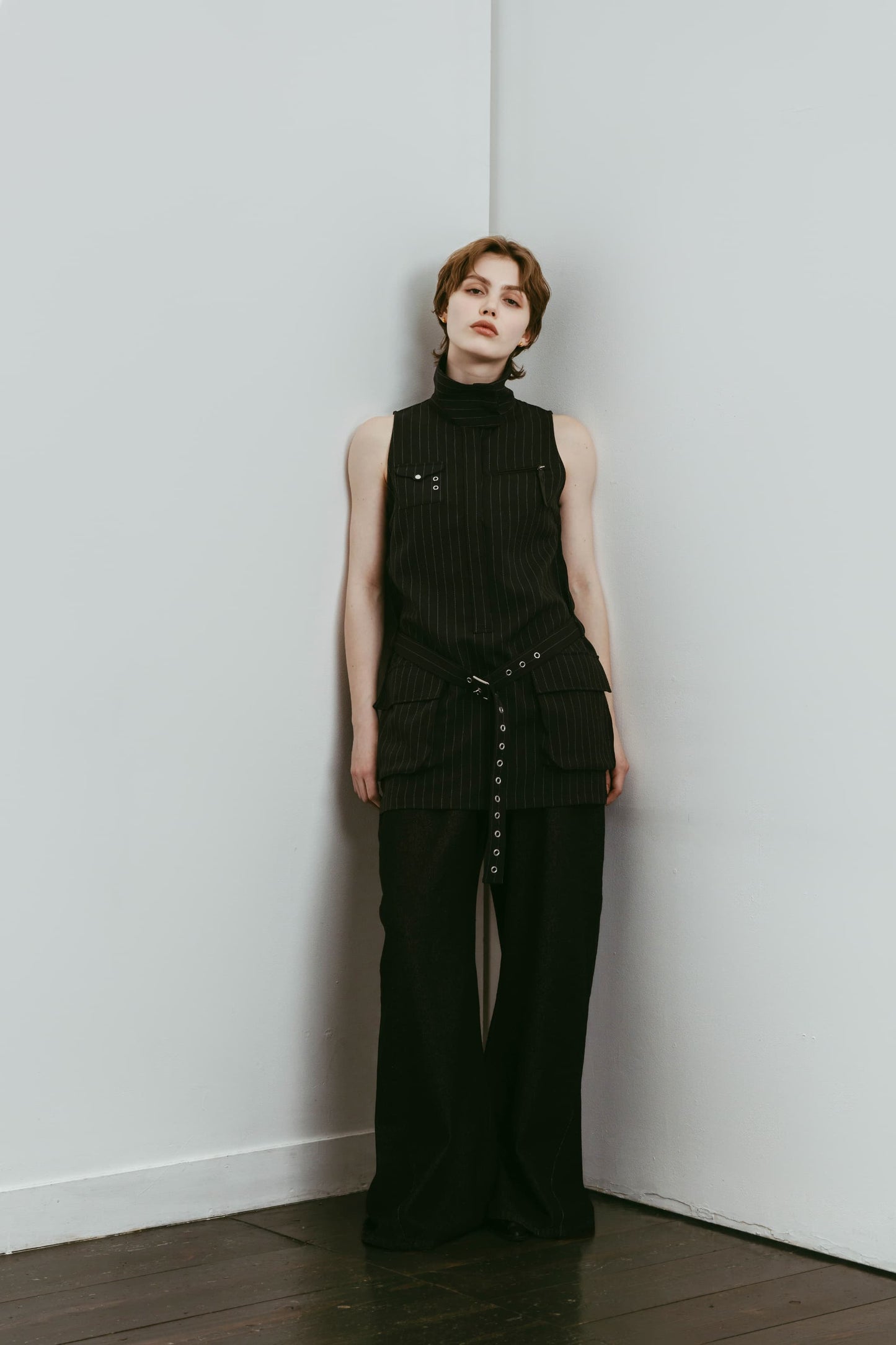 stand neck mini dress/stripeblack