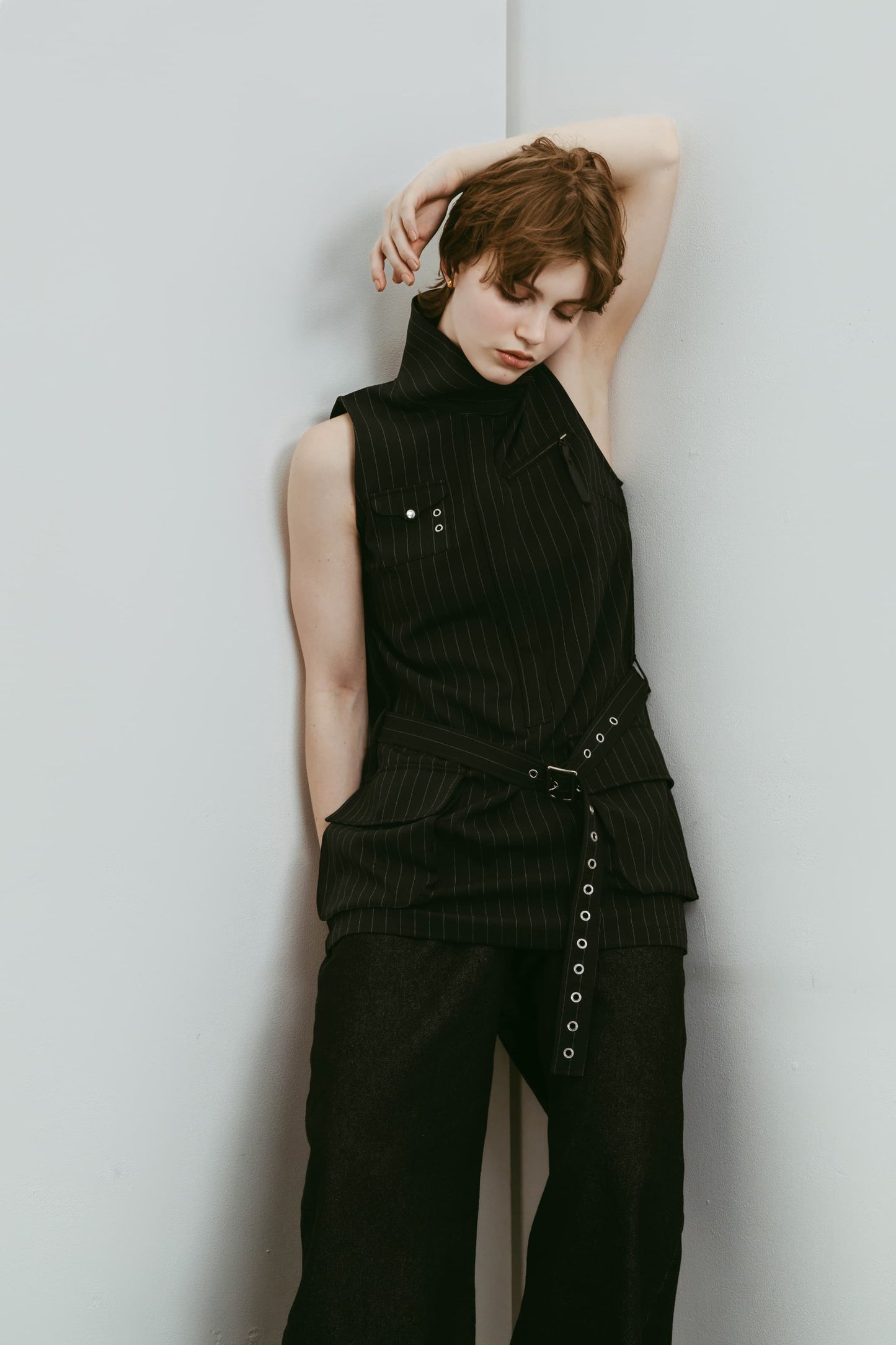 stand neck mini dress/stripeblack