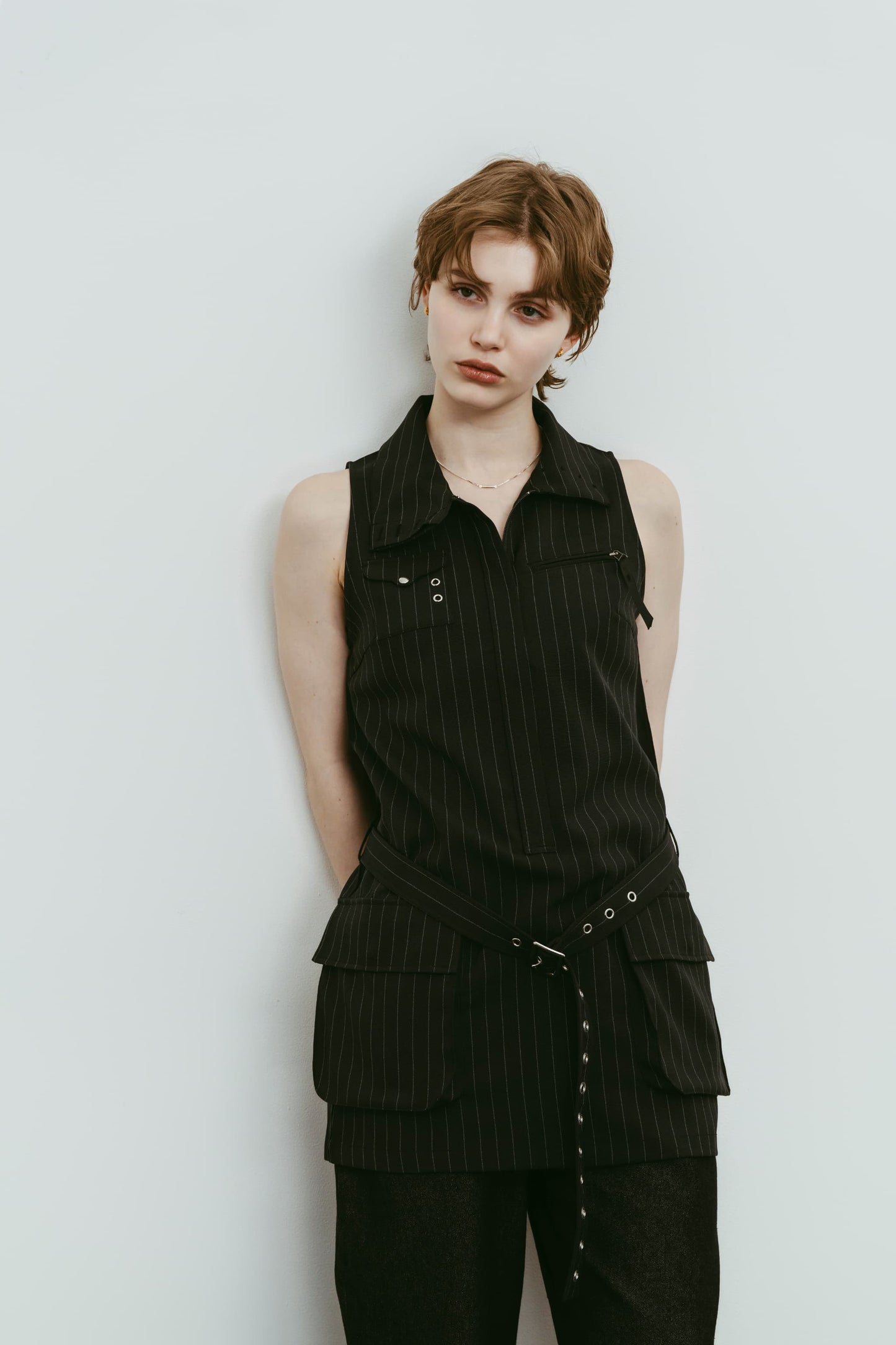 stand neck mini dress/stripeblack
