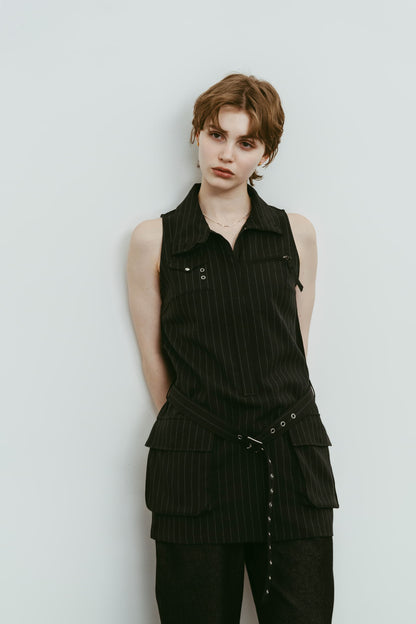 stand neck mini dress/stripeblack