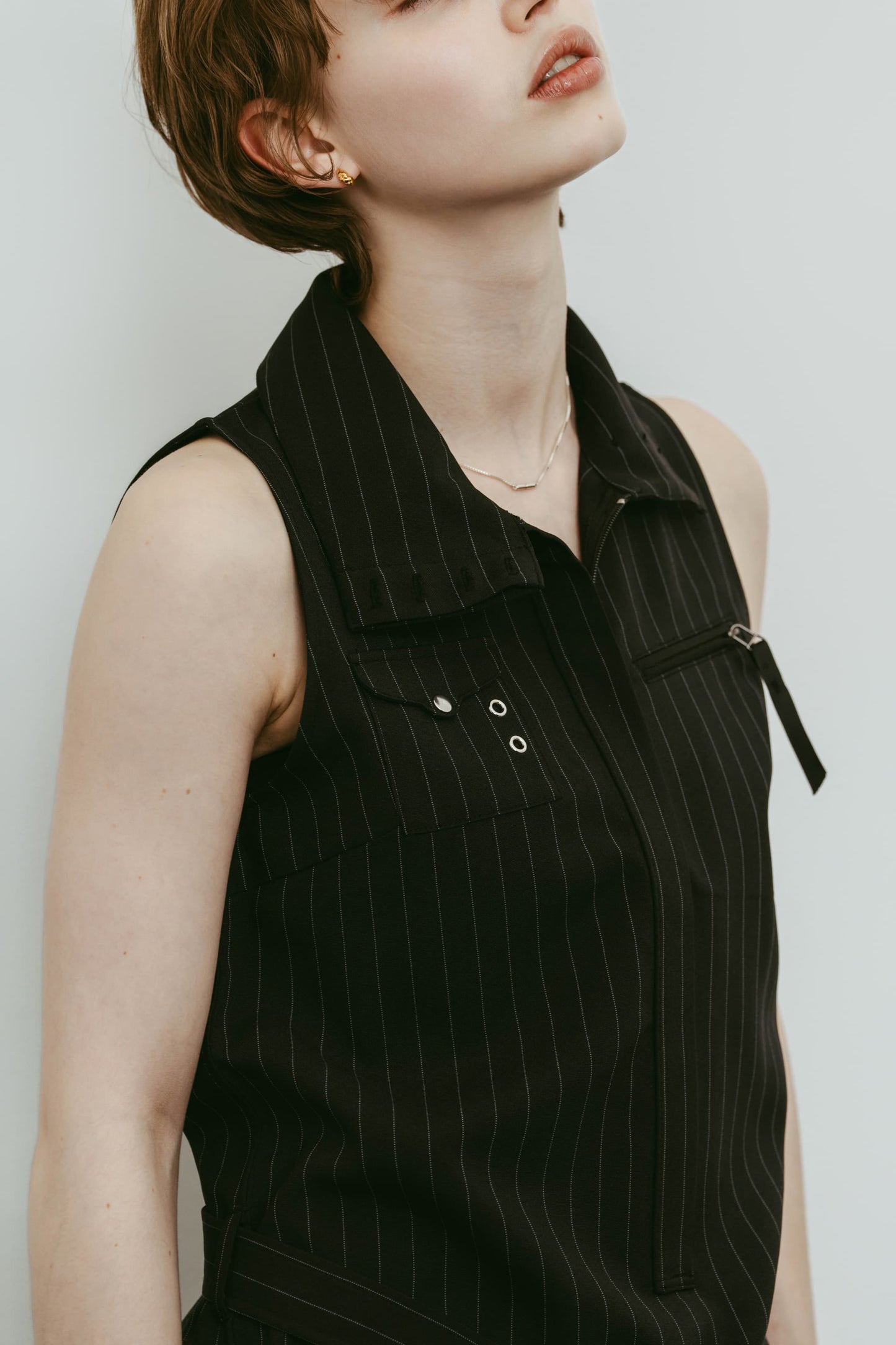 stand neck mini dress/stripeblack