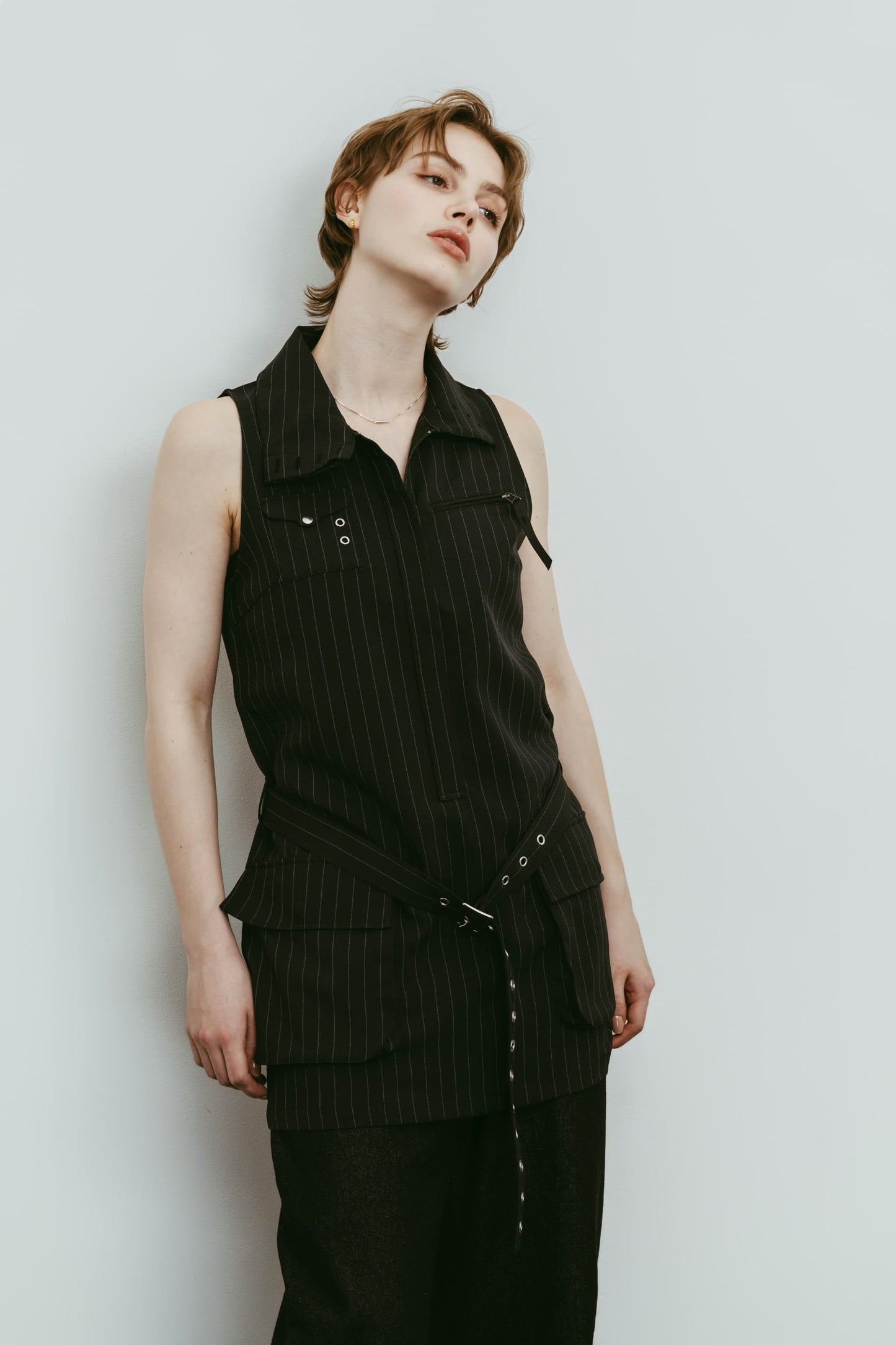 stand neck mini dress/stripeblack