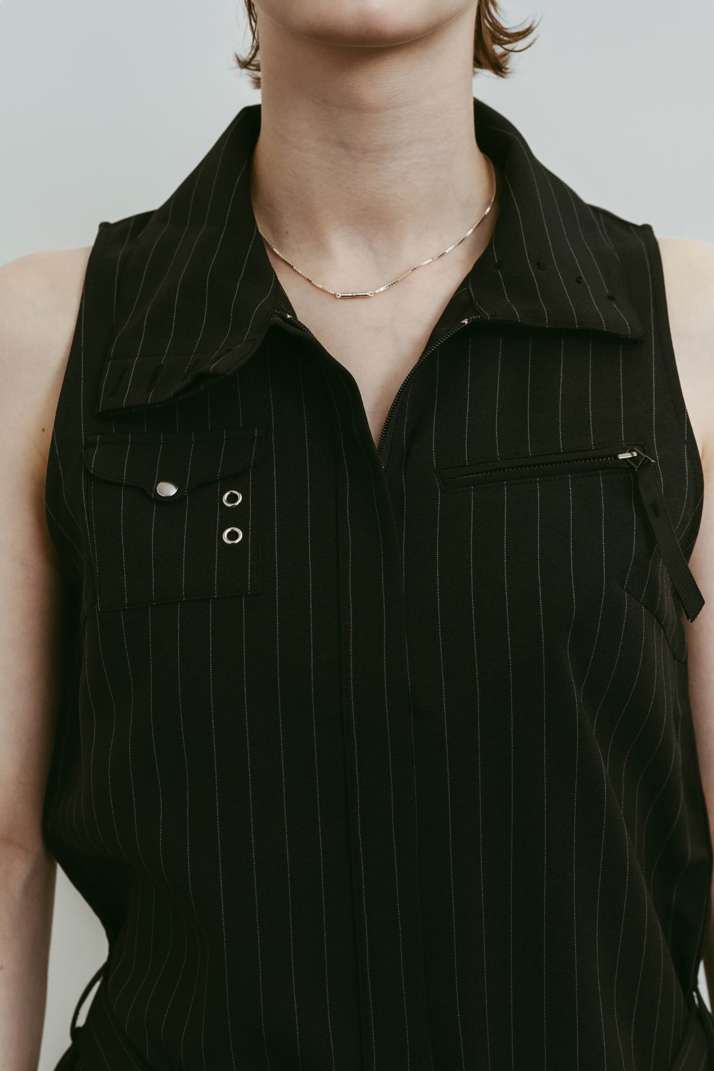 stand neck mini dress/stripeblack