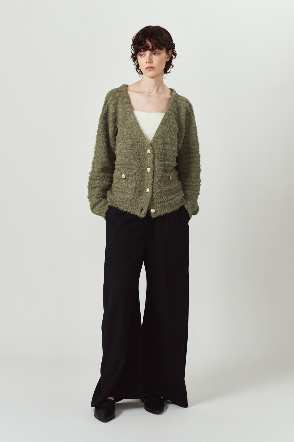 gold button trad cardigan/khaki