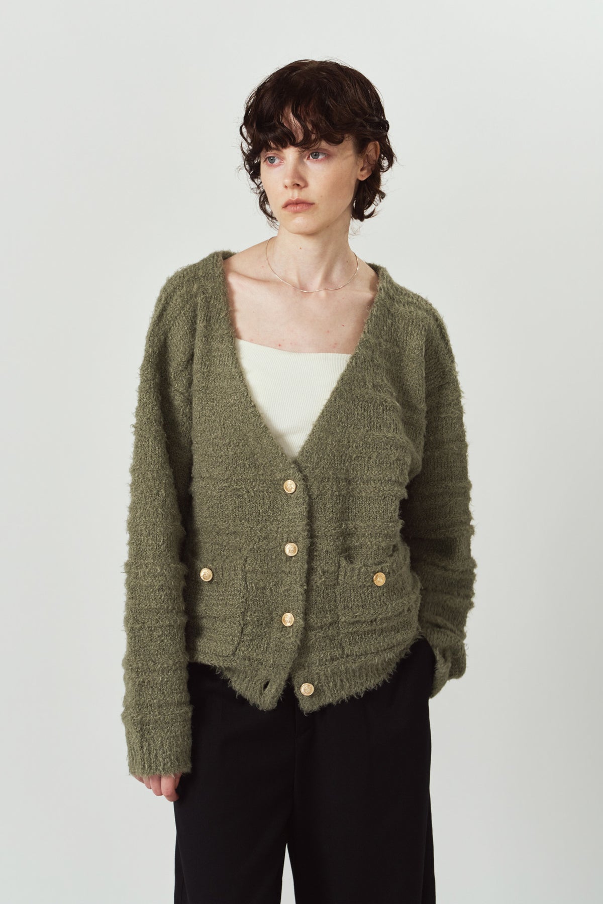 gold button trad cardigan/khaki
