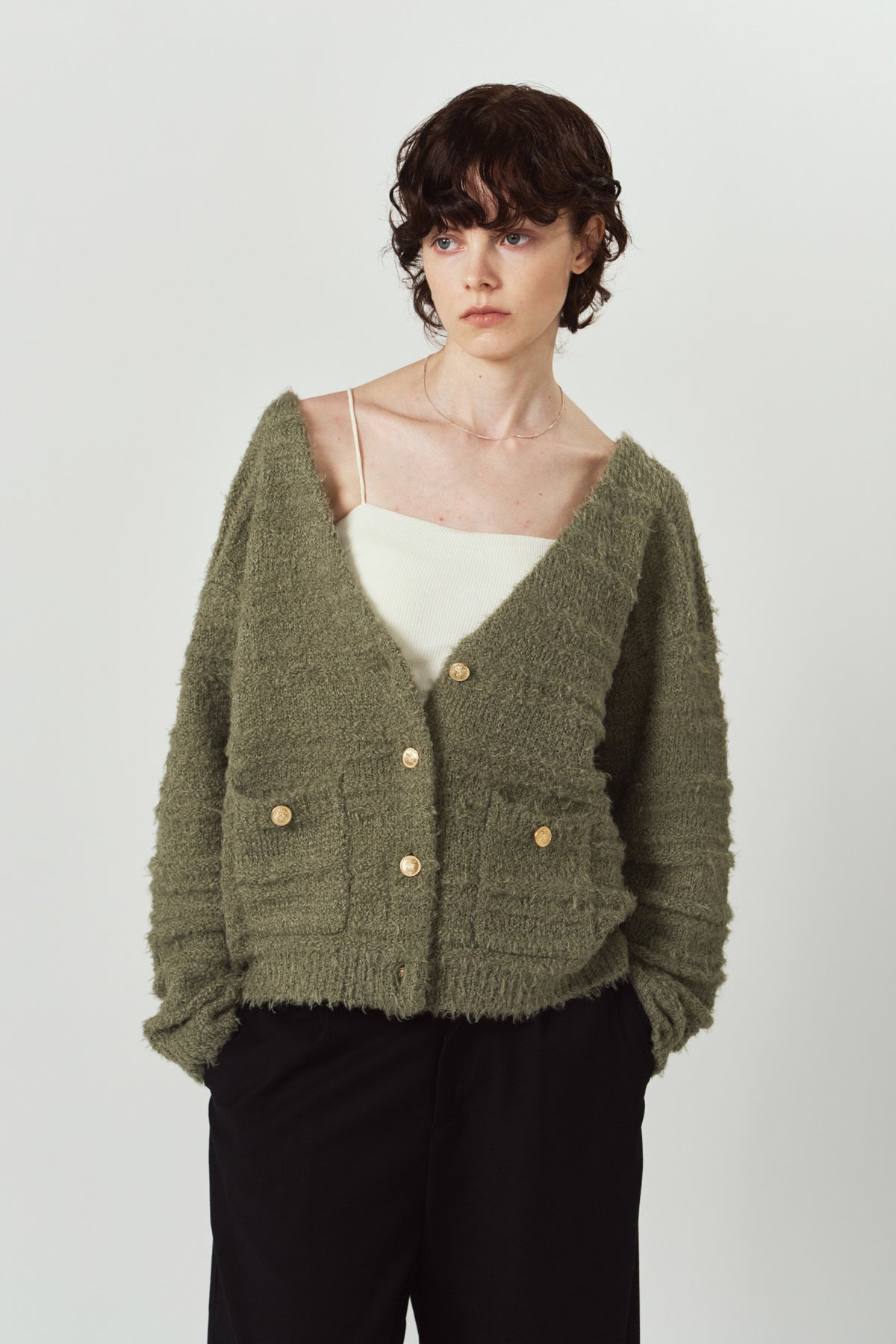 gold button trad cardigan/khaki