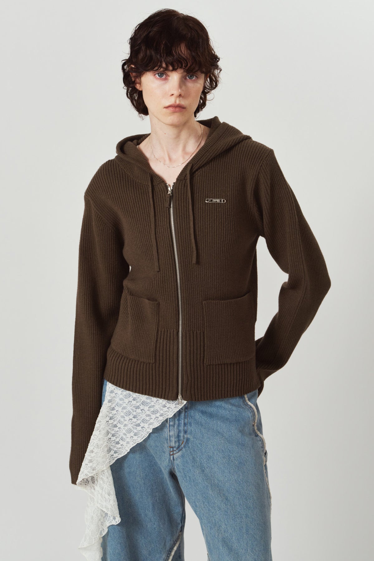 hooded knit parka/brown