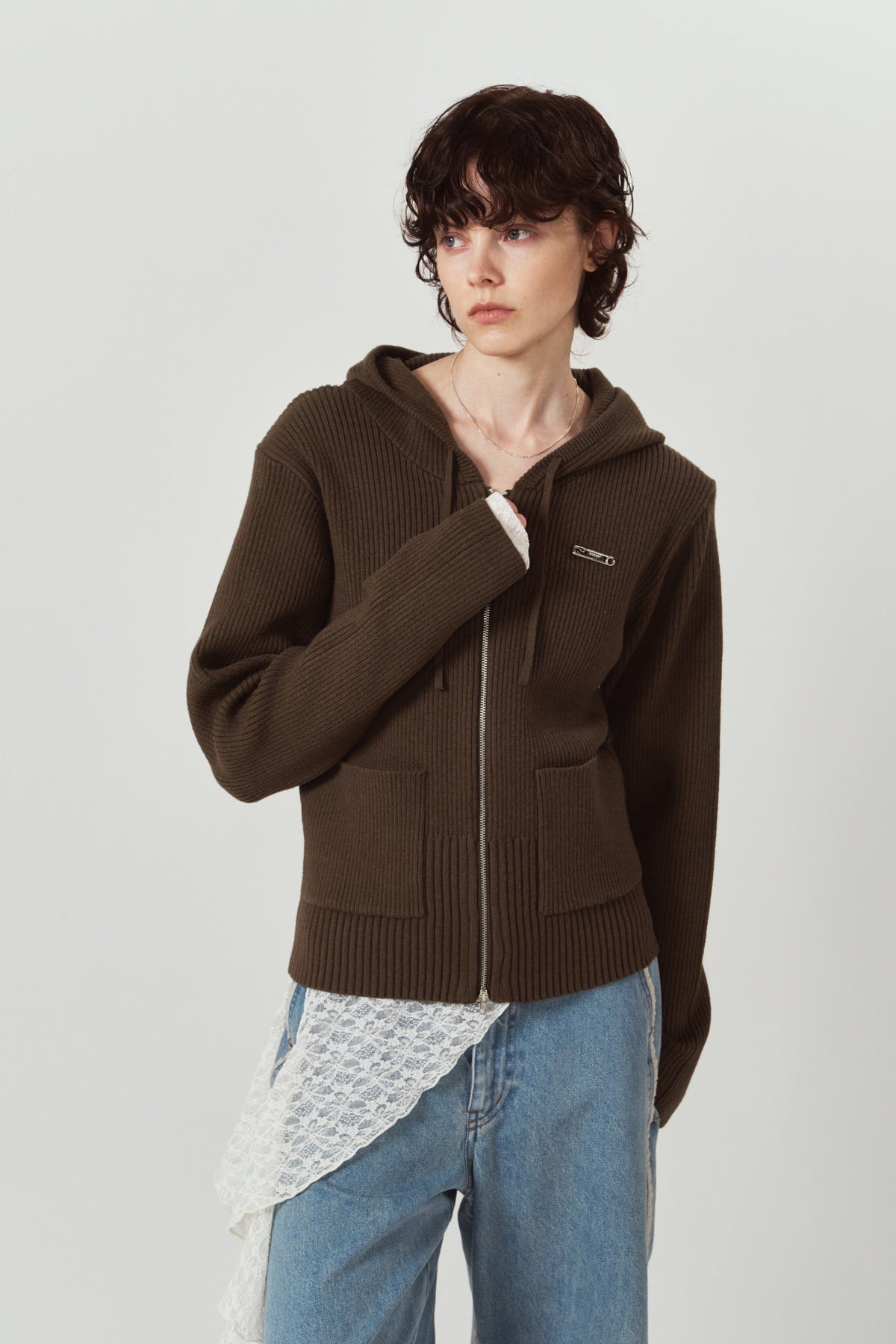 hooded knit parka/brown