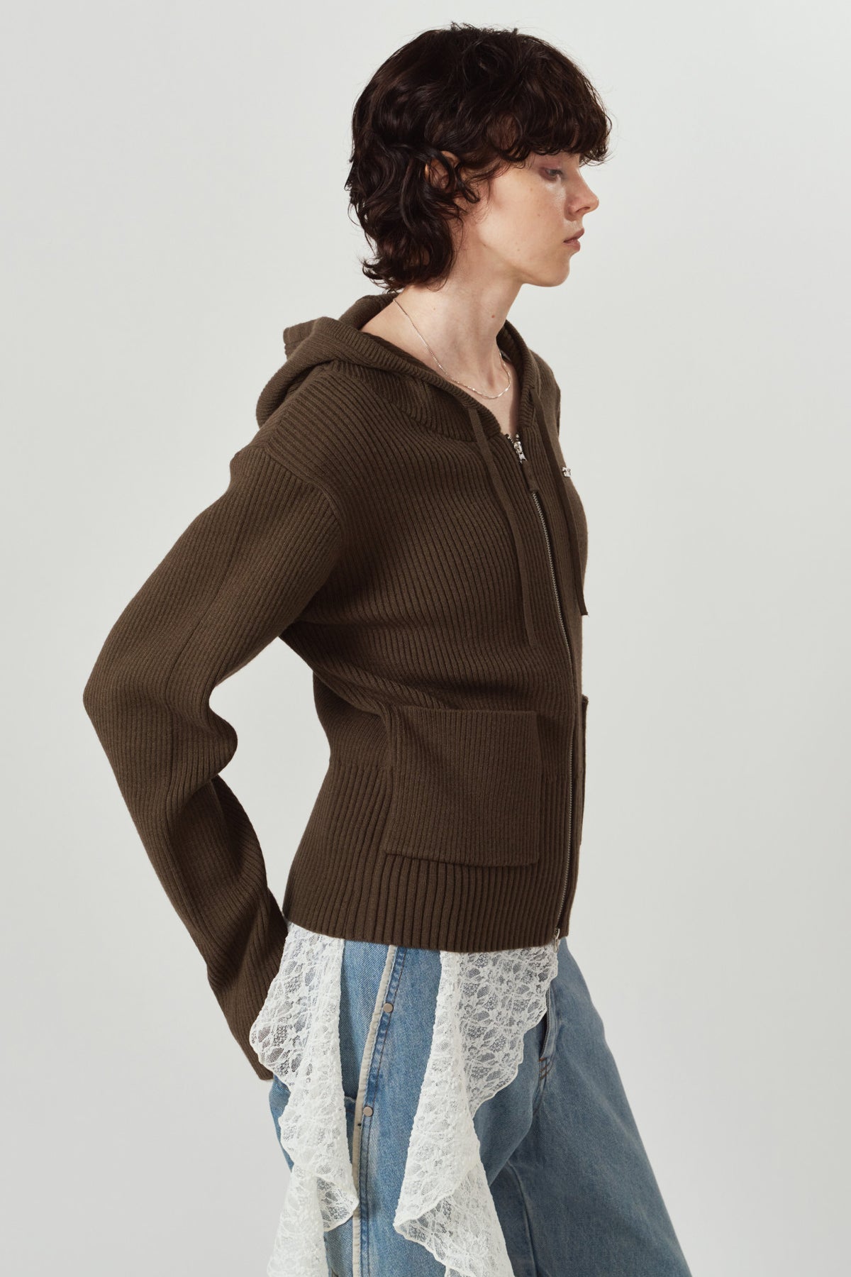 hooded knit parka/brown