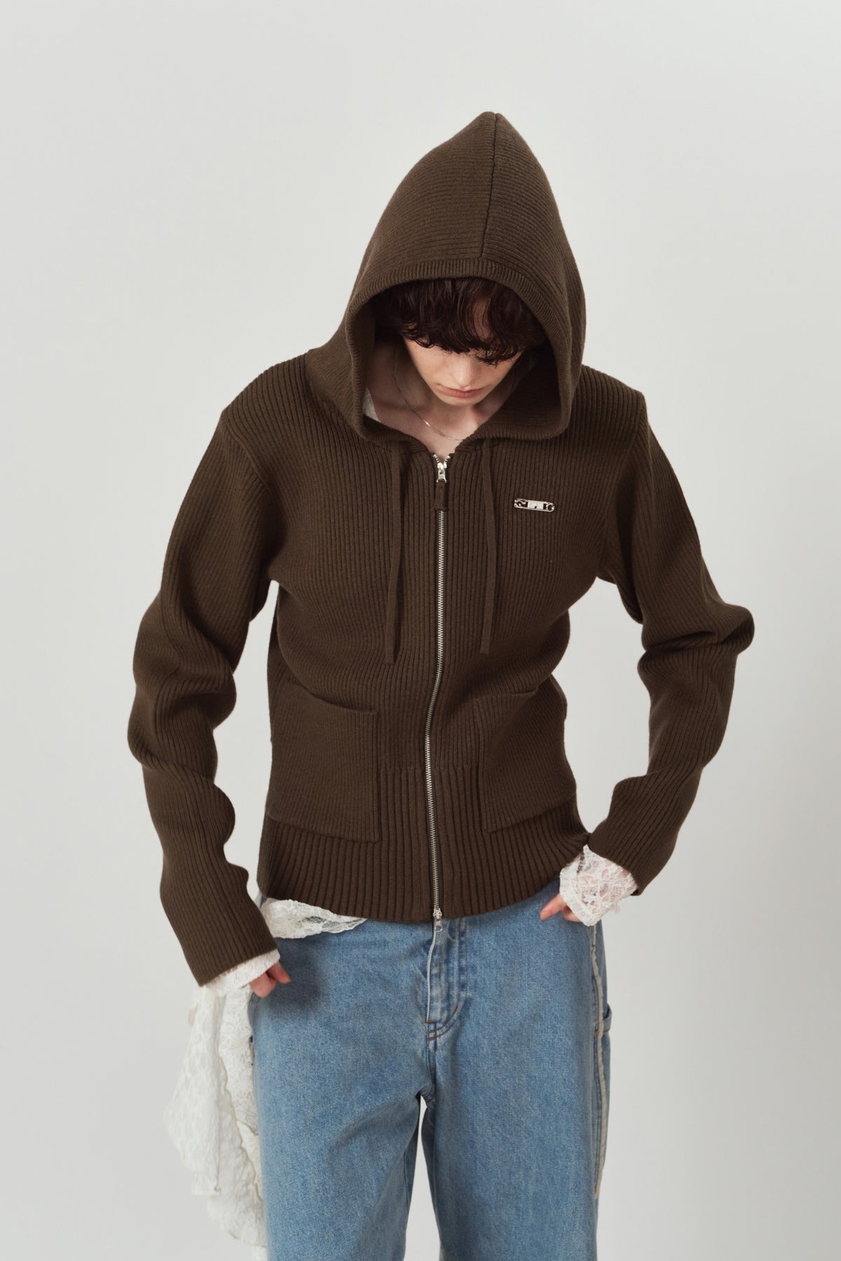 hooded knit parka/brown