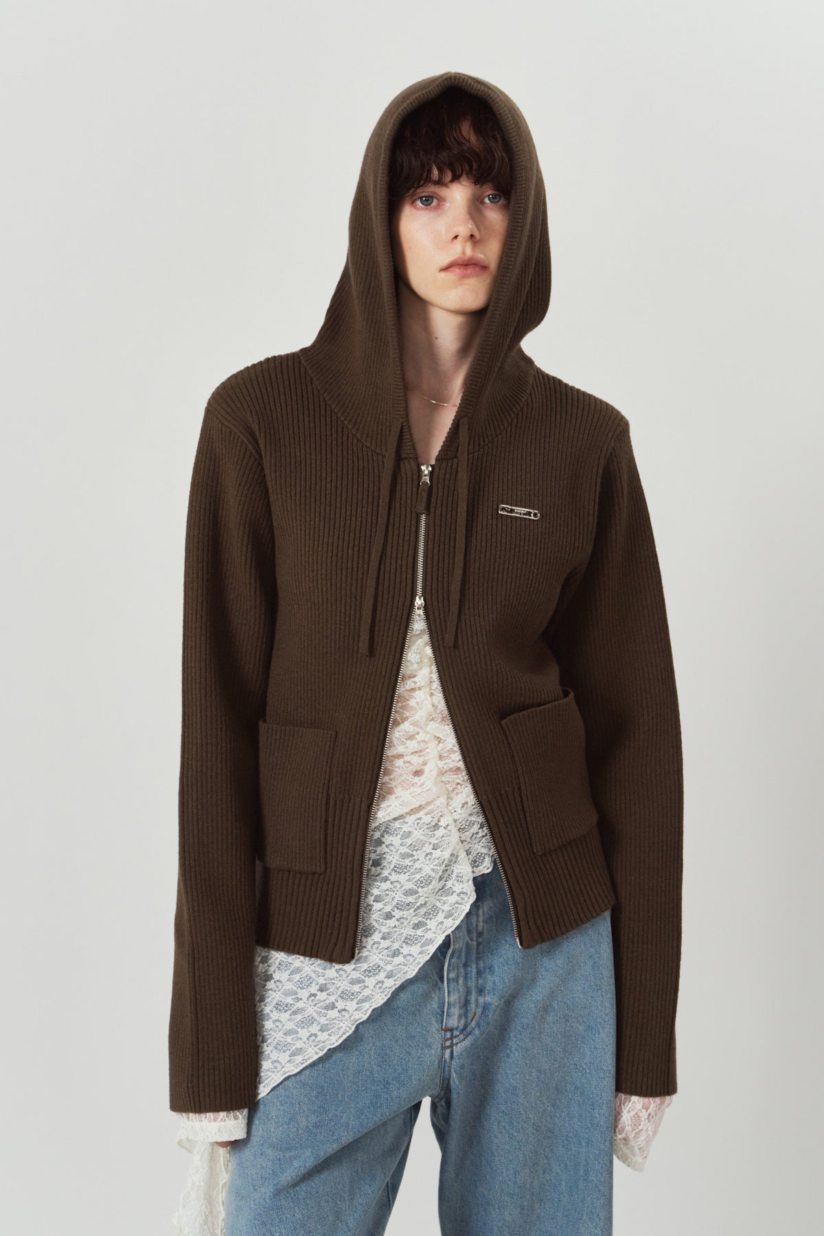 hooded knit parka/brown