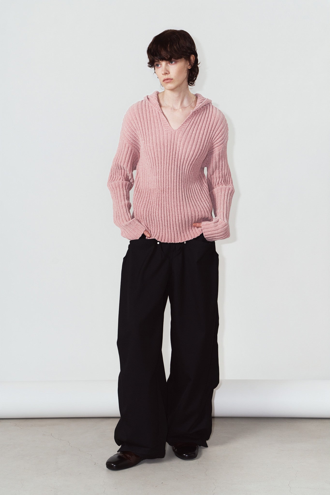 rib hoodie boucle knit/pink