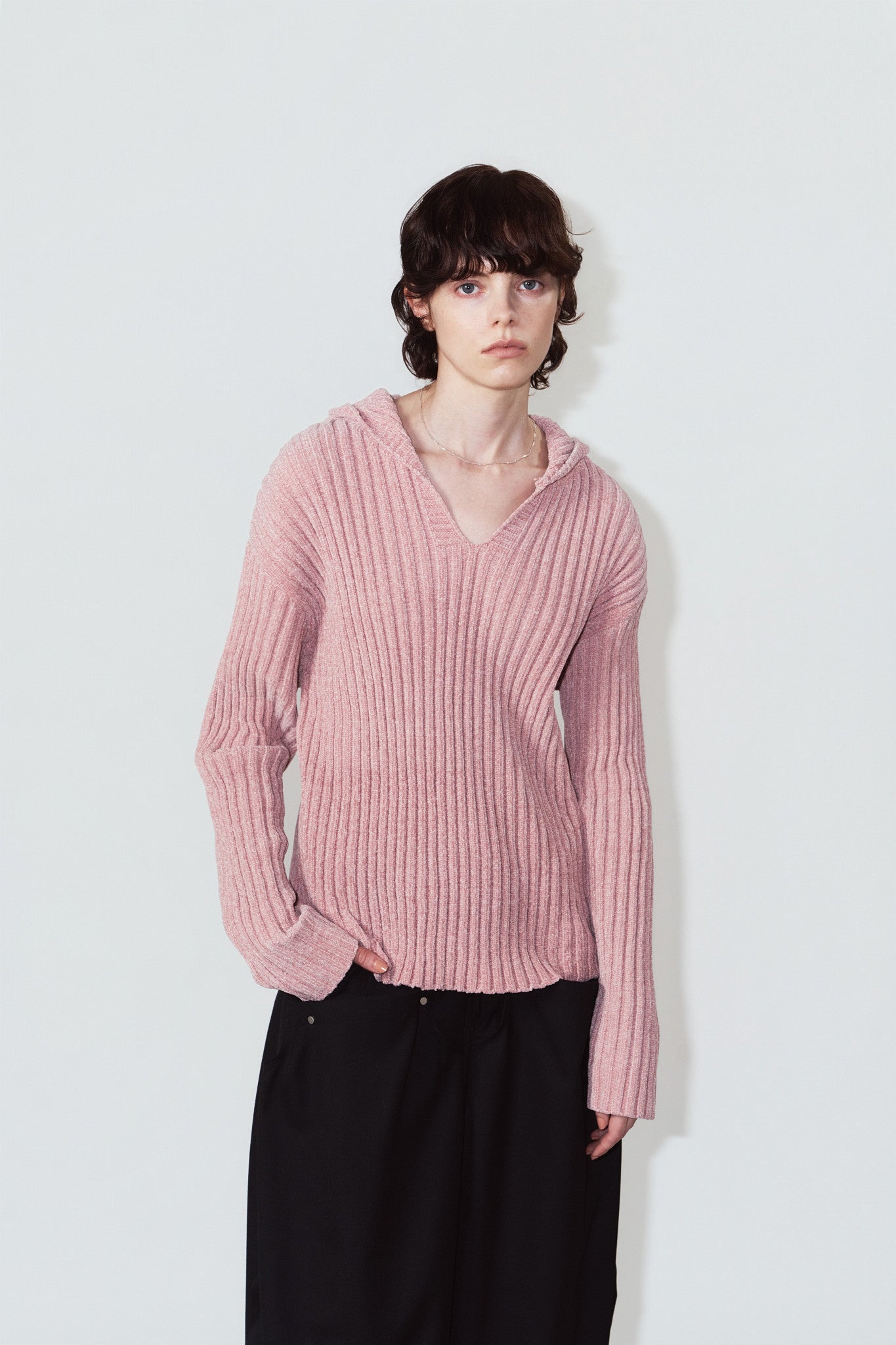 rib hoodie boucle knit/pink