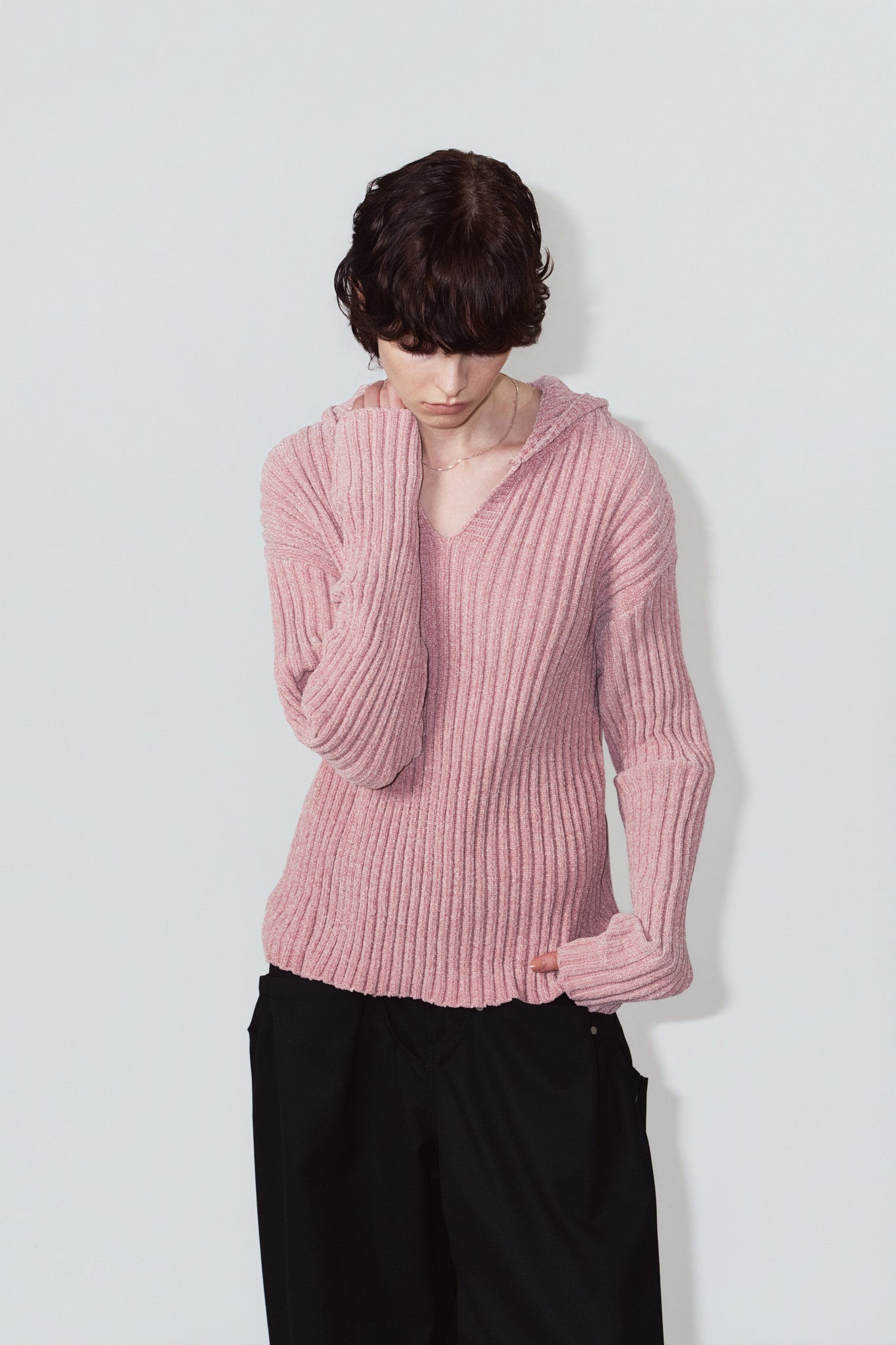 rib hoodie boucle knit/pink