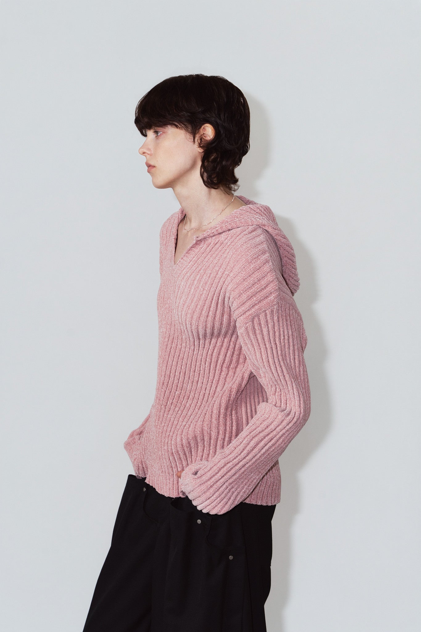 rib hoodie boucle knit/pink