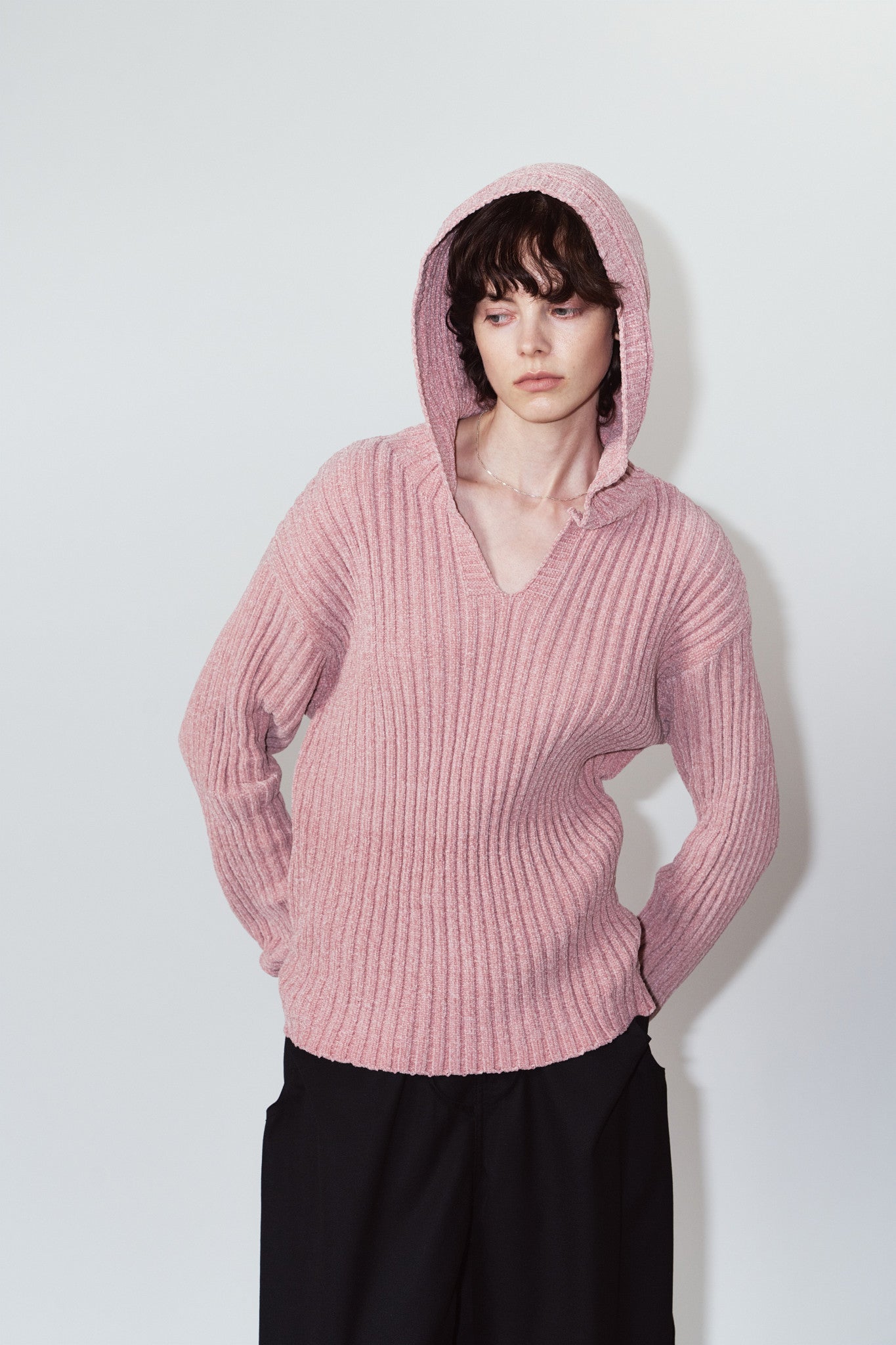 rib hoodie boucle knit/pink