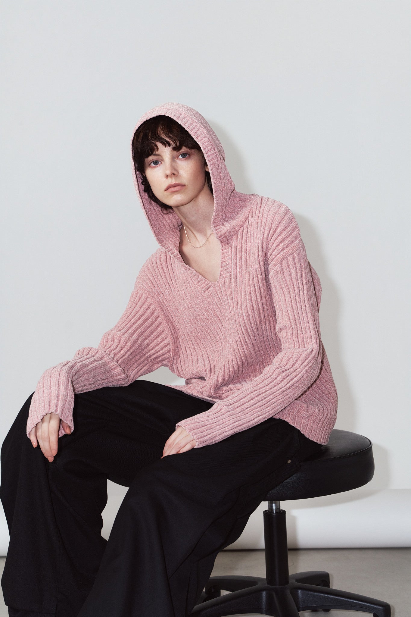 rib hoodie boucle knit/pink