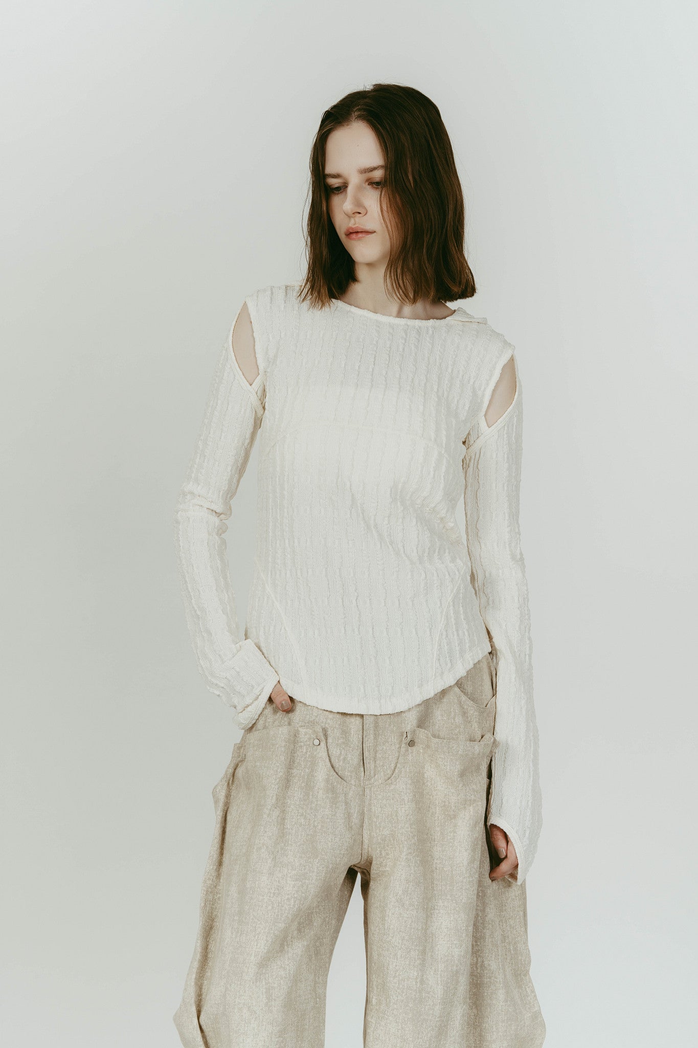 hooded jacquard top/white