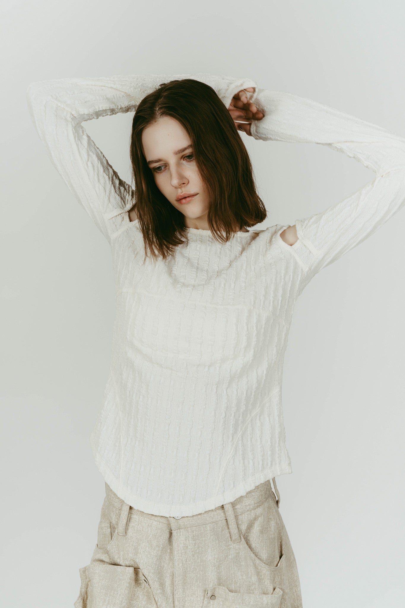 hooded jacquard top/white