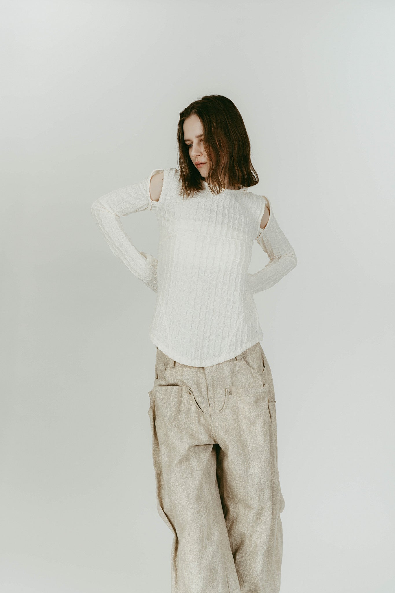 hooded jacquard top/white