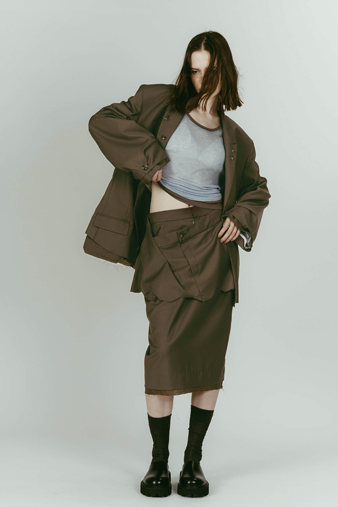 cut layered mid length skirt/brown