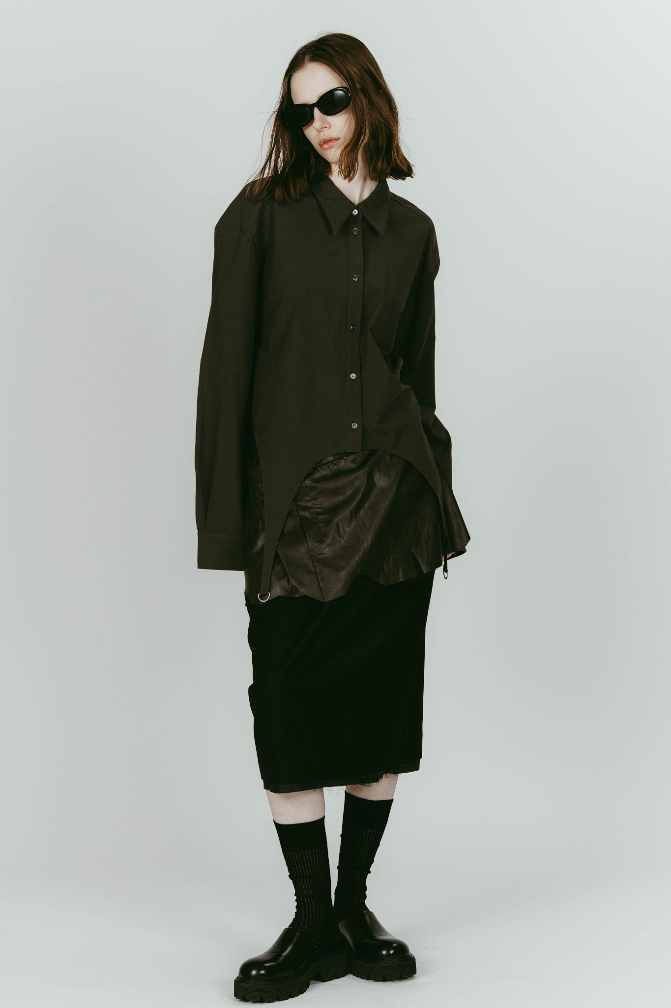 cut layered mid length skirt/leatherblack