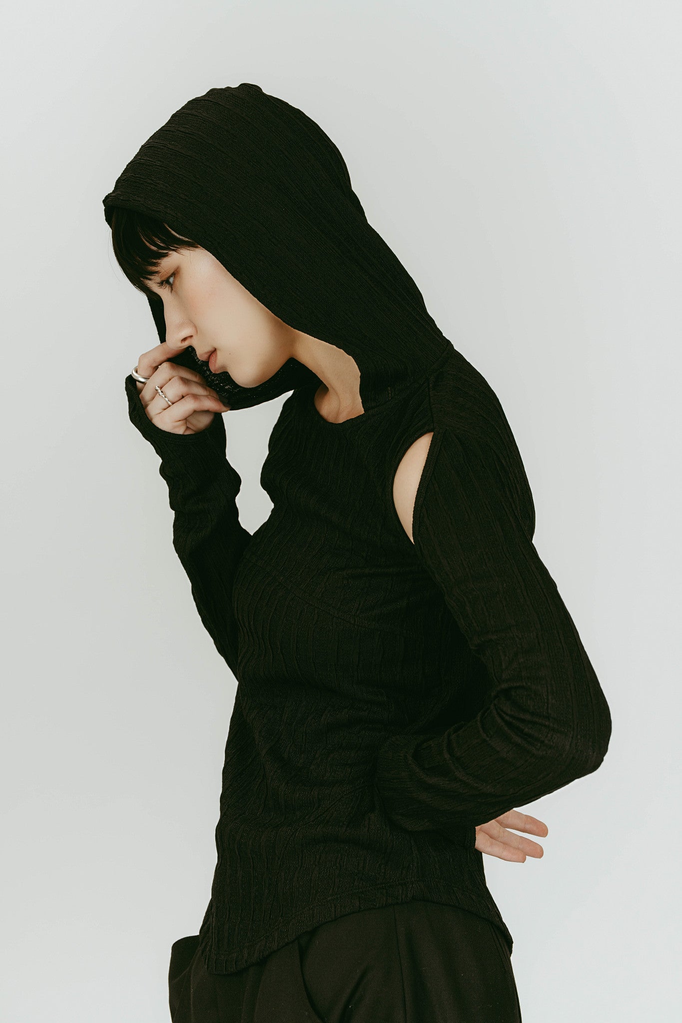 hooded jacquard top/black