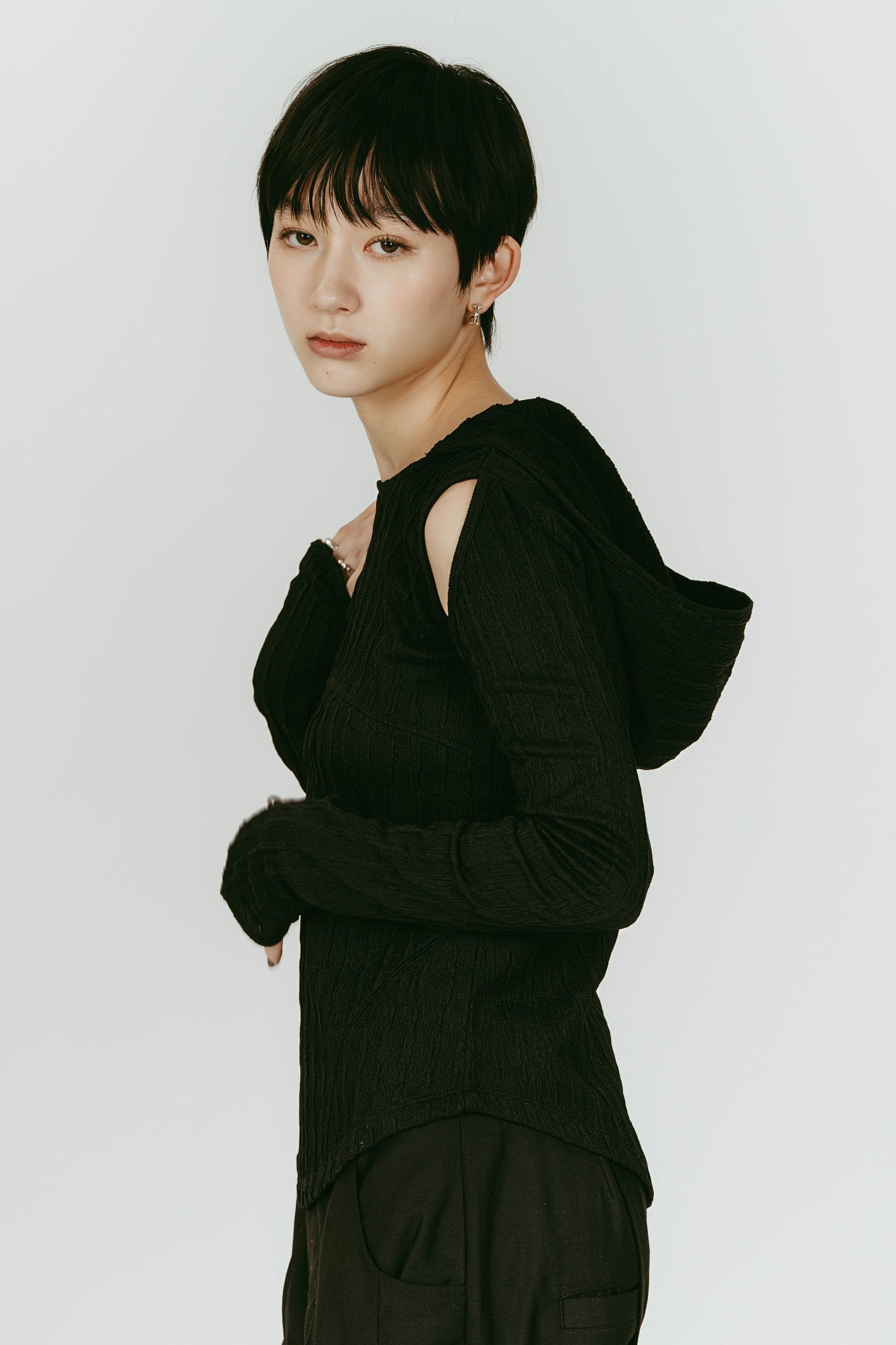 hooded jacquard top/black