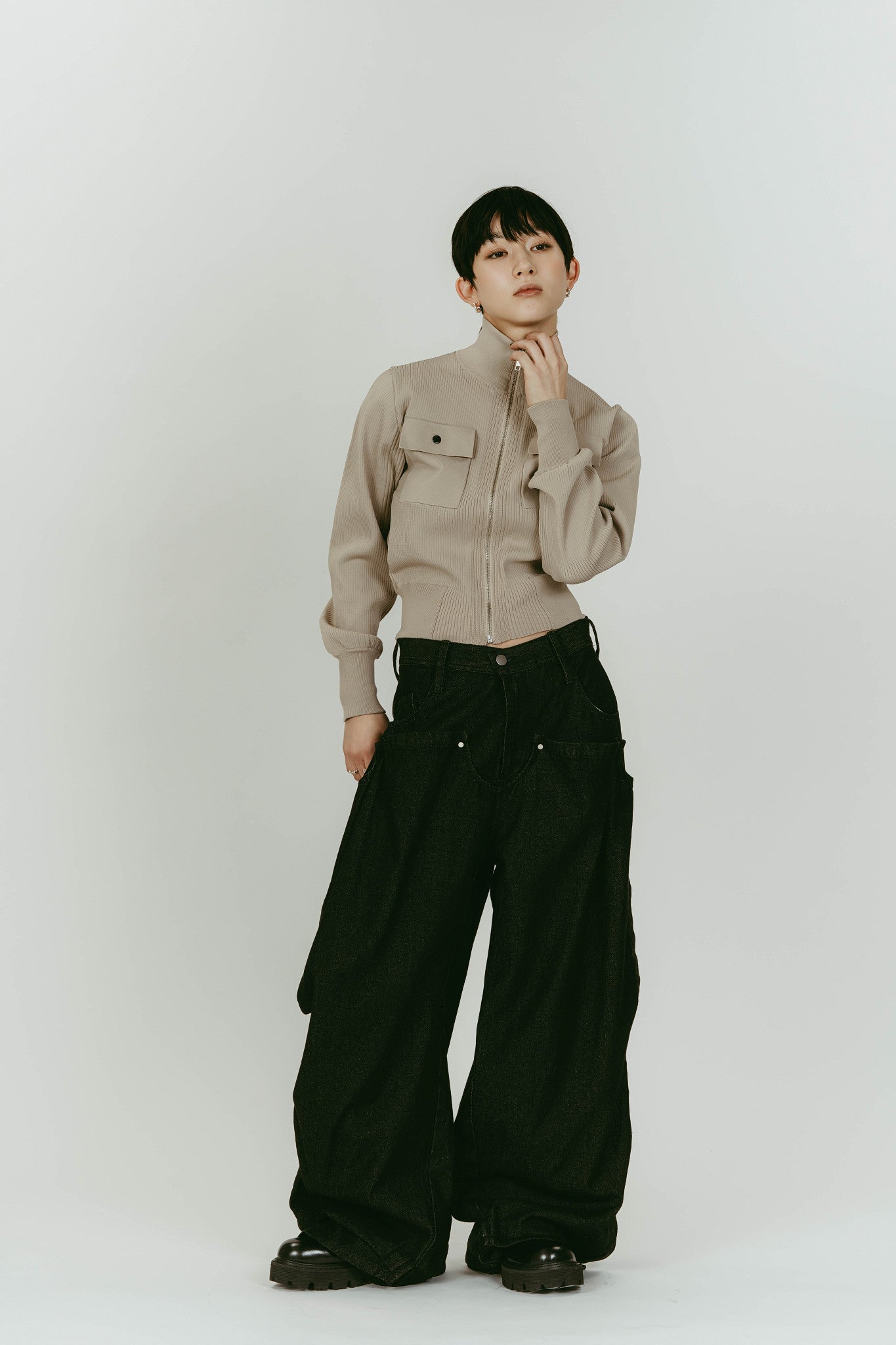 pocket zip up knit/sandbeige