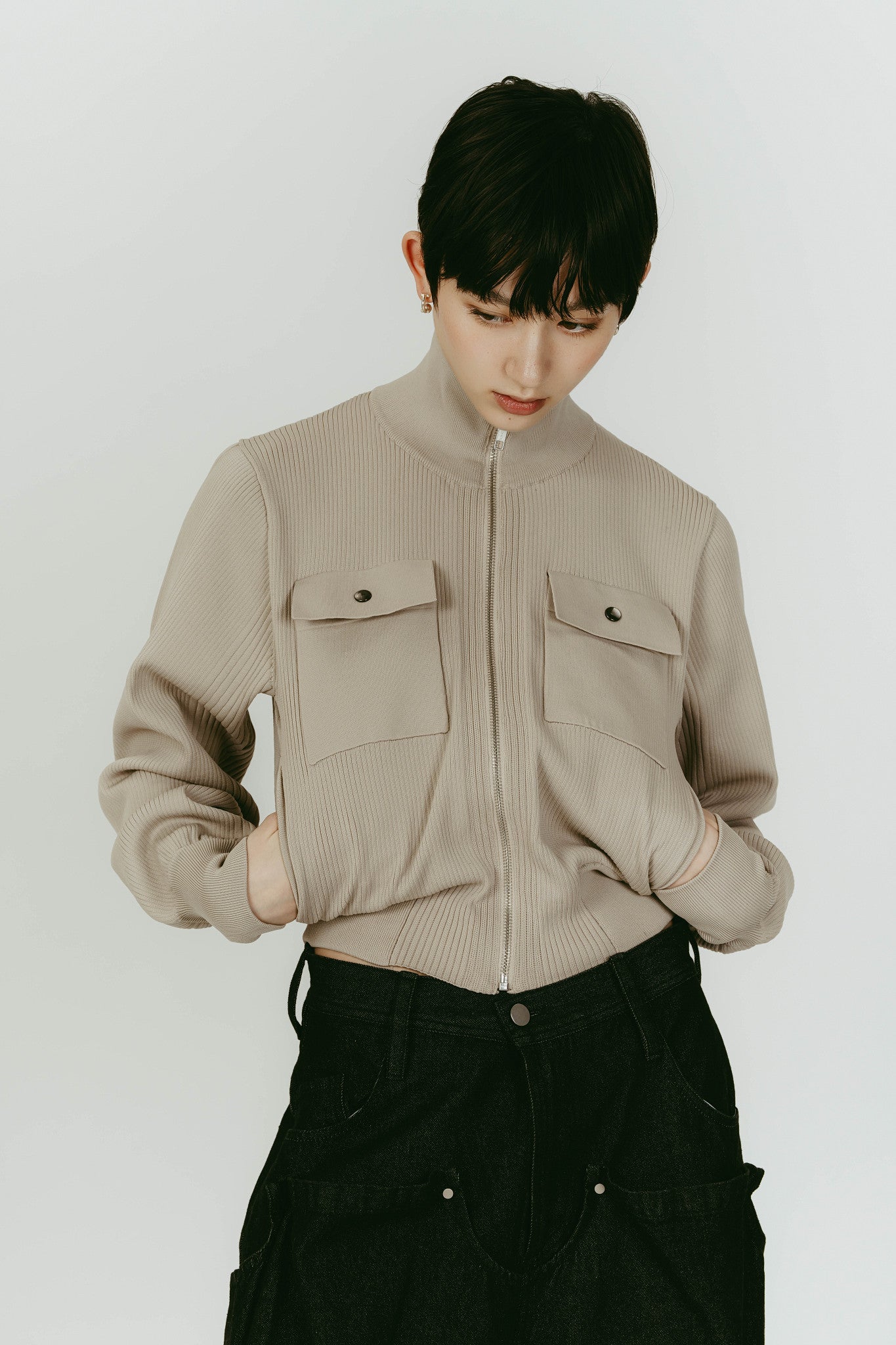 pocket zip up knit/sandbeige