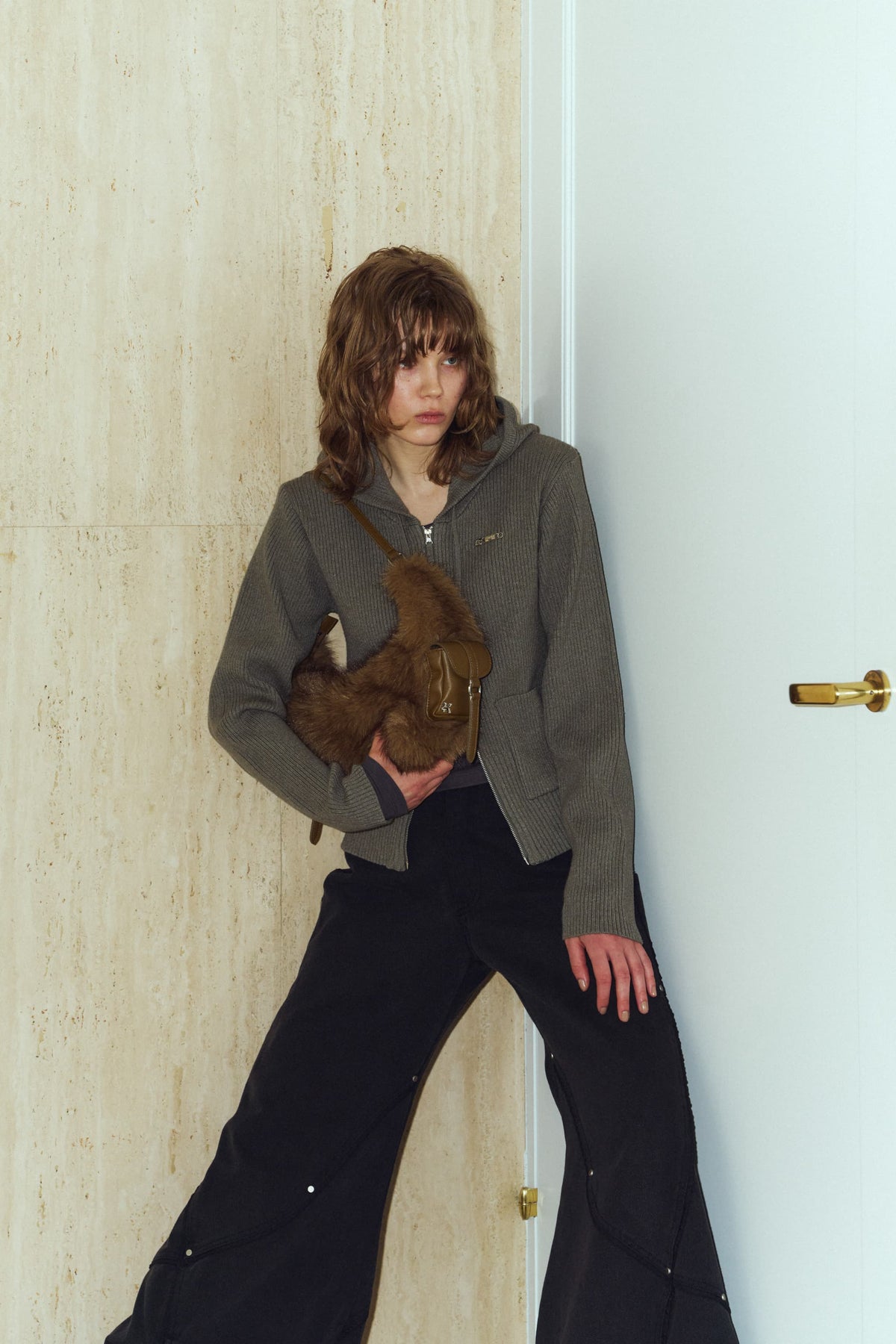 hooded knit parka/gray